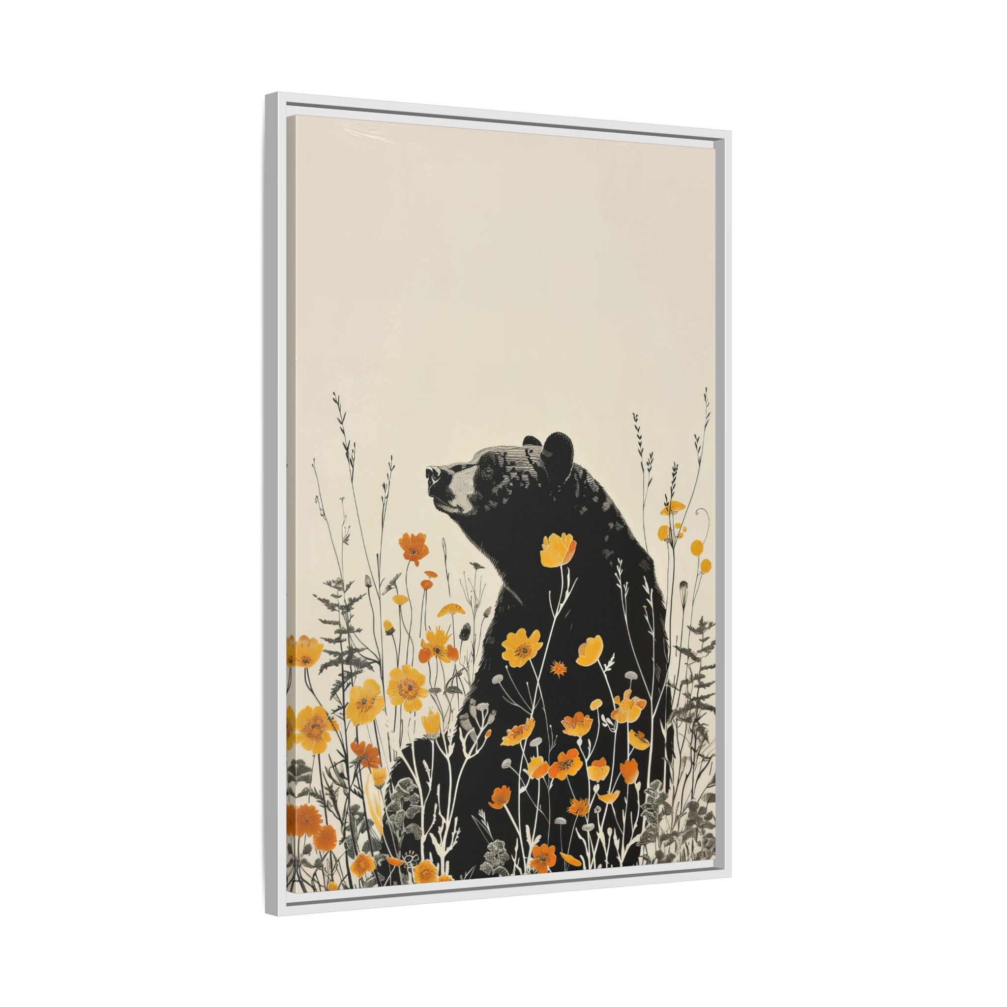 Framed Canvas - Black Bear in Wildflowers