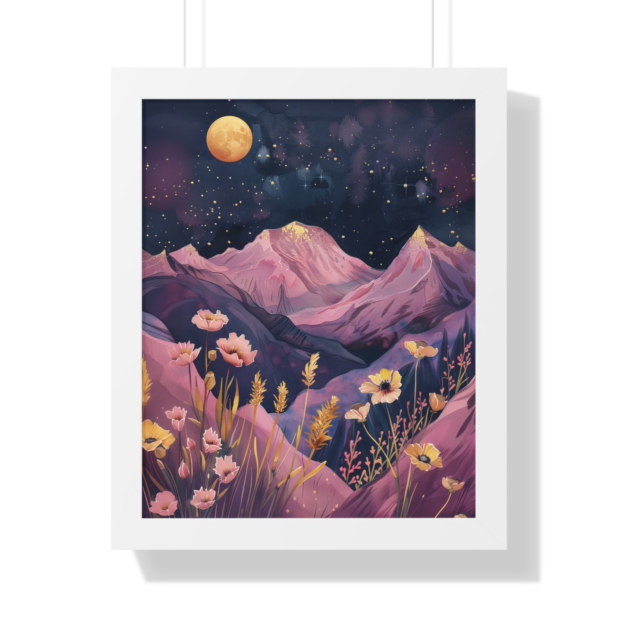 Framed Paper Print - Golden Moon Over Lavender Peaks