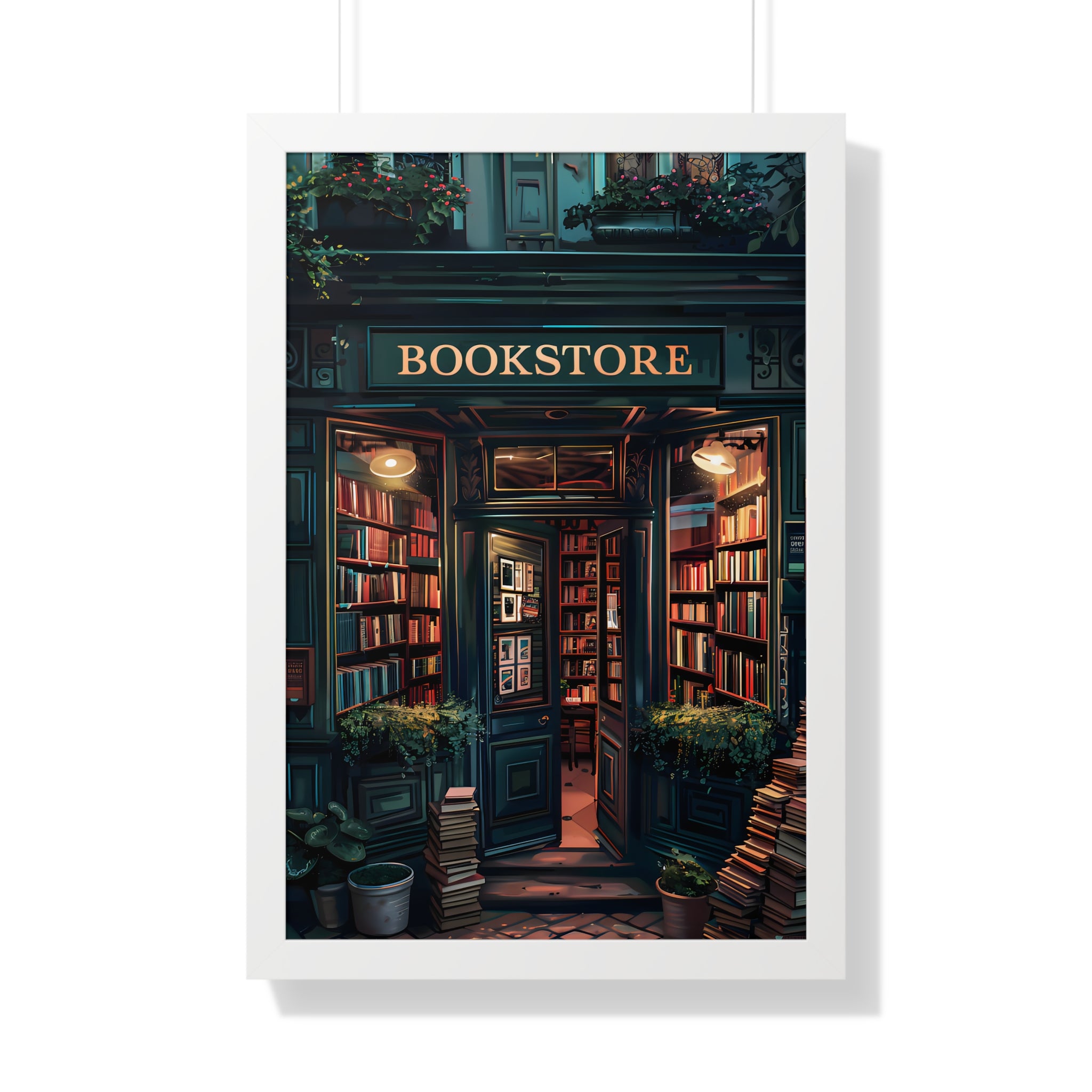 Framed Paper Print - Midnight Bookstore Glow