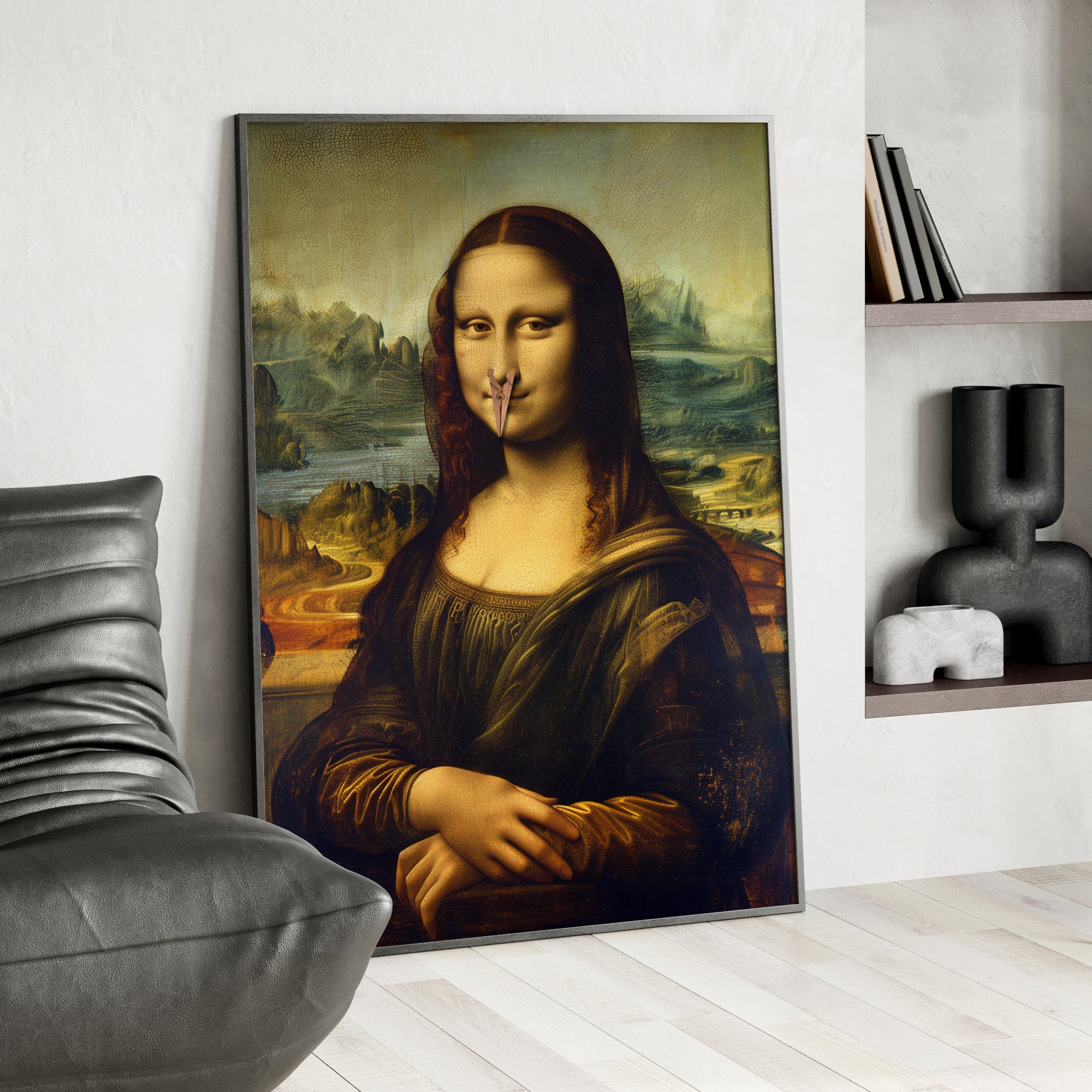 Framed Paper Print - Mona Lisa Nose Peg Gag