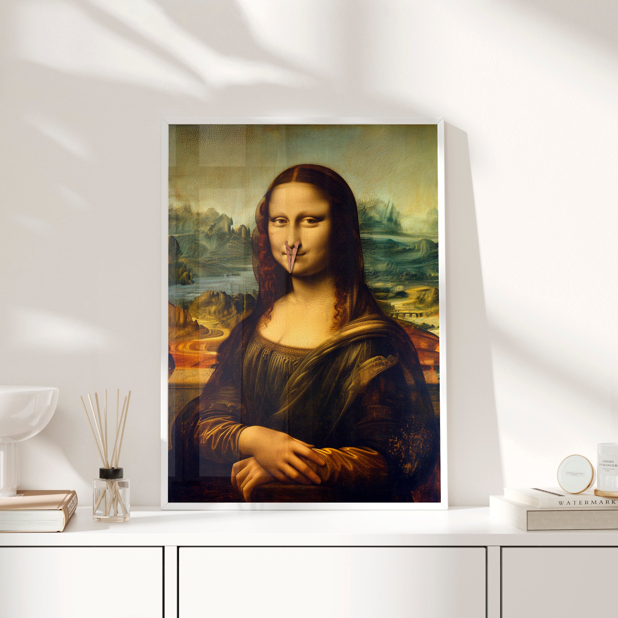 Framed Paper Print - Mona Lisa Nose Peg Gag