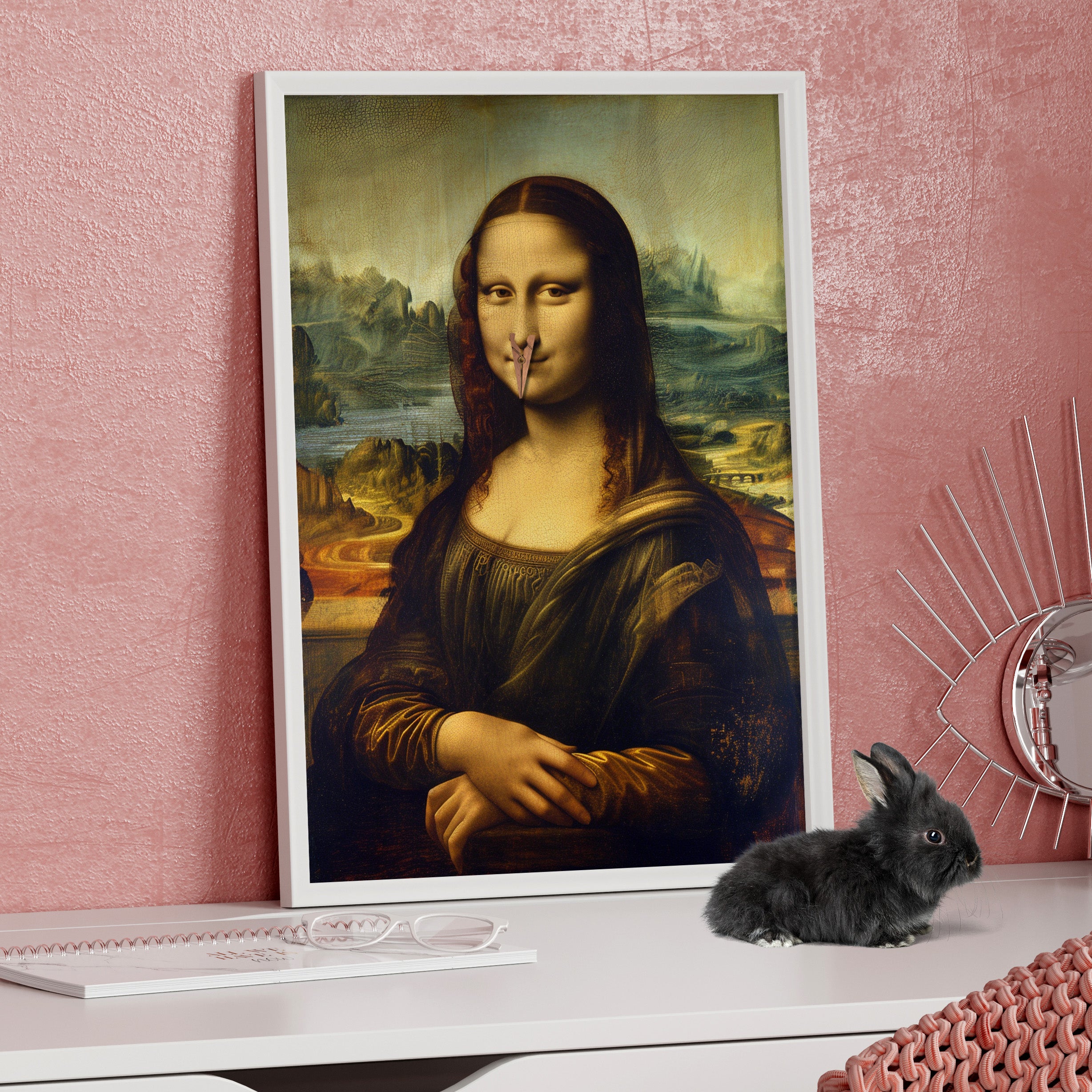 Framed Paper Print - Mona Lisa Nose Peg Gag
