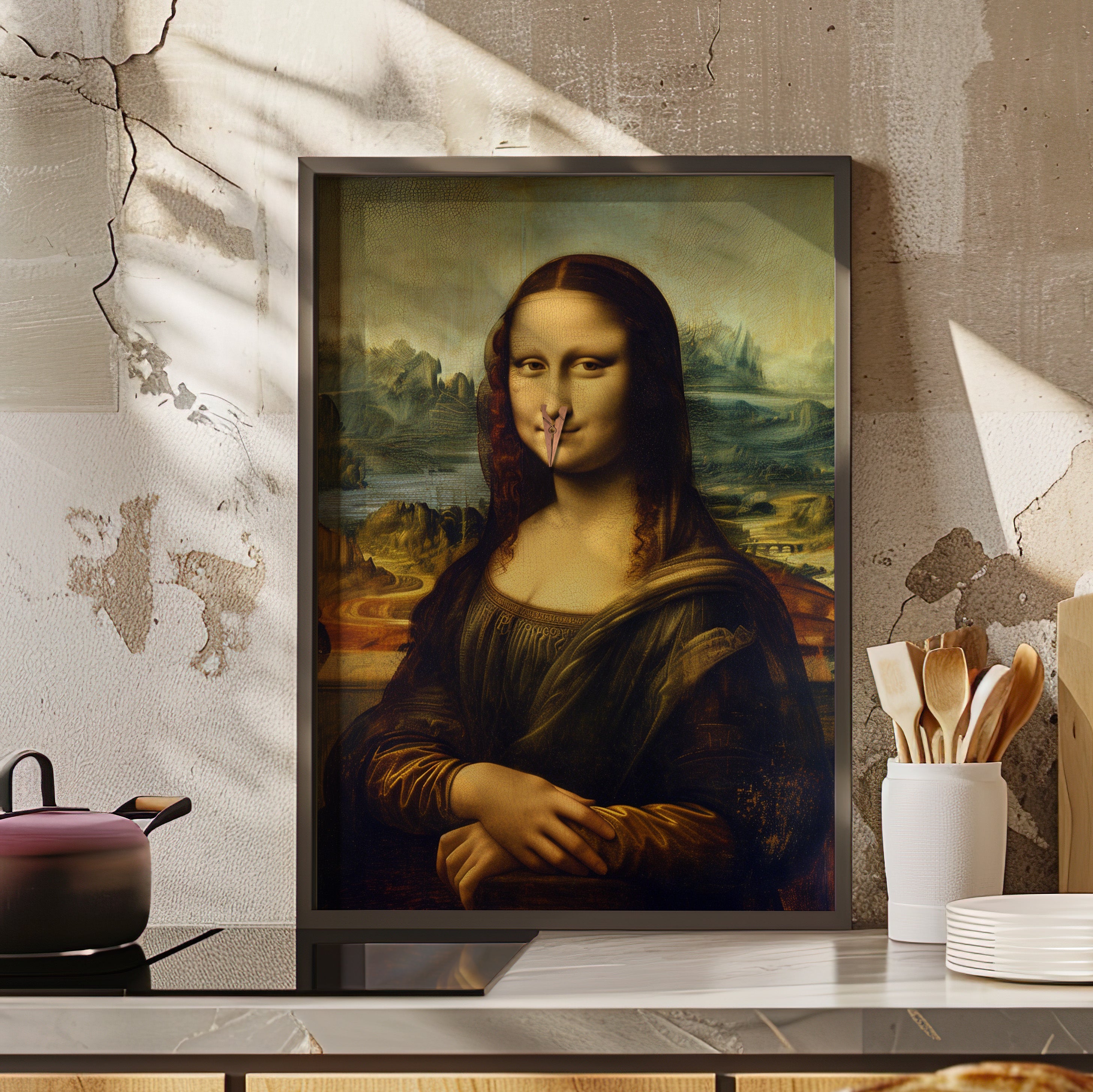 Framed Paper Print - Mona Lisa Nose Peg Gag