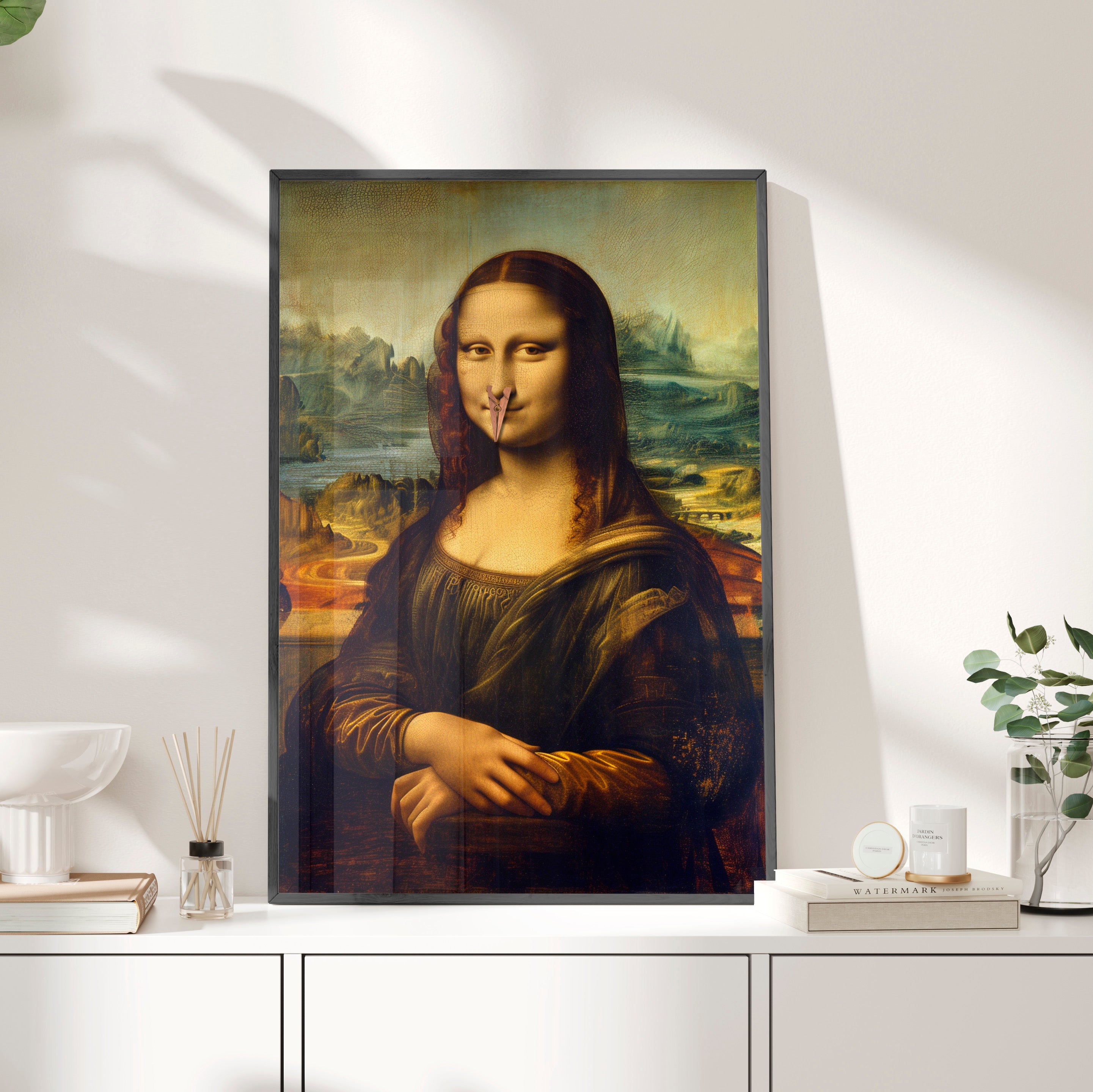 Framed Paper Print - Mona Lisa Nose Peg Gag