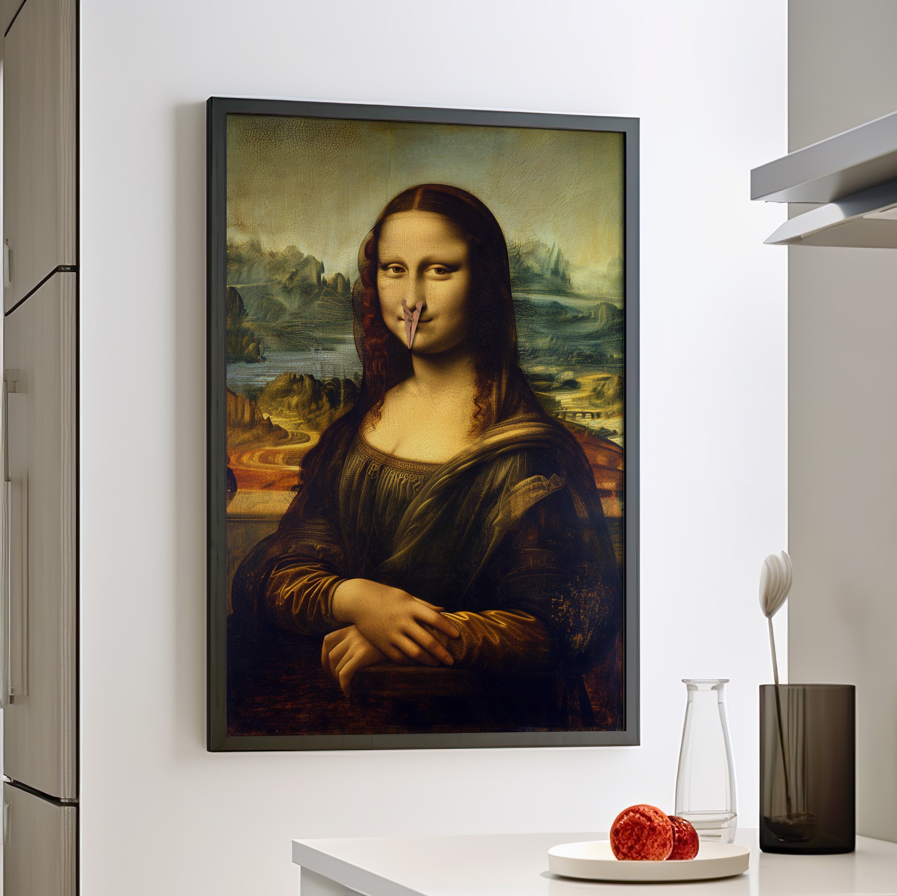 Framed Paper Print - Mona Lisa Nose Peg Gag