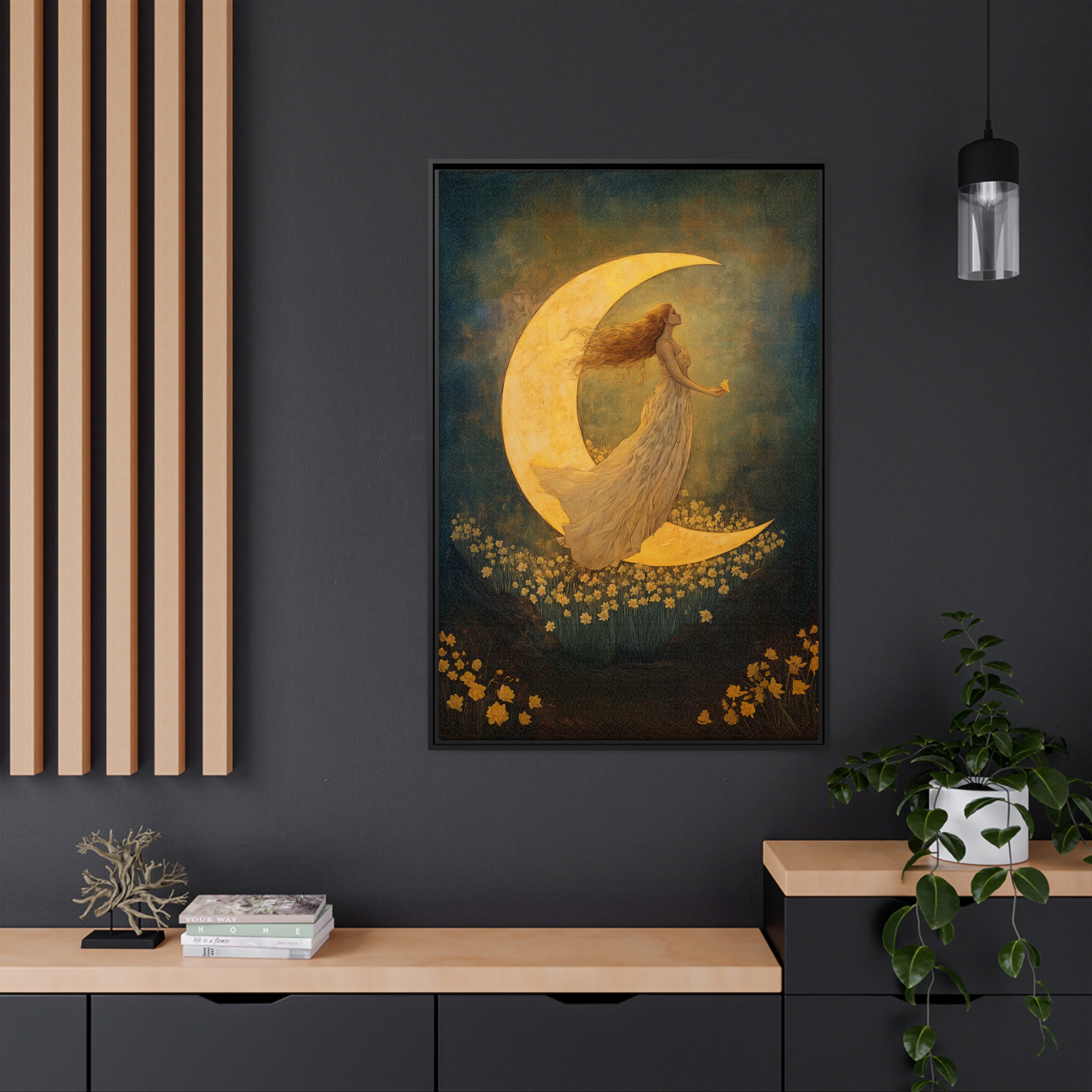 Framed Canvas - Moonlit Dreamer with Daffodils