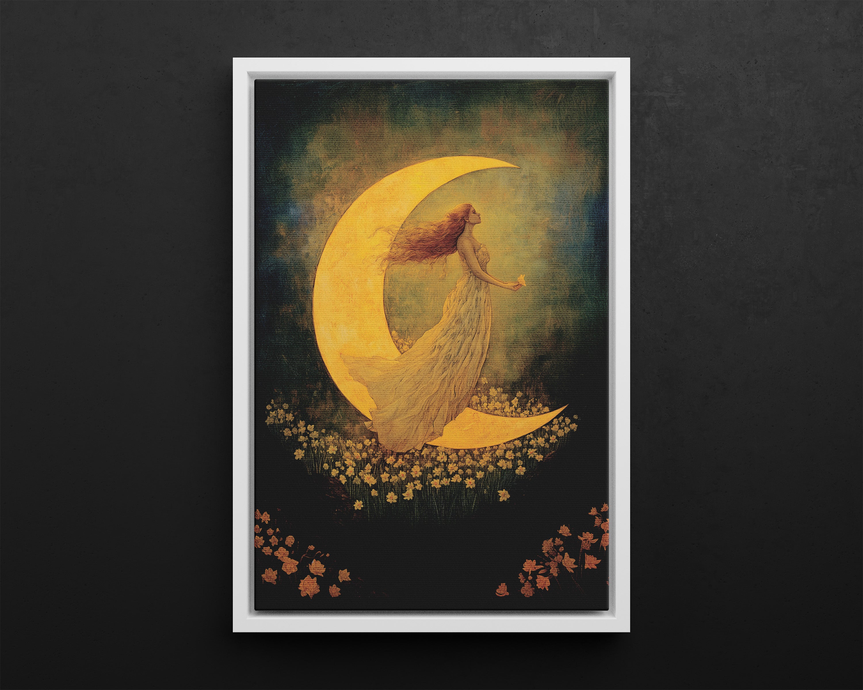 Framed Canvas - Moonlit Dreamer with Daffodils