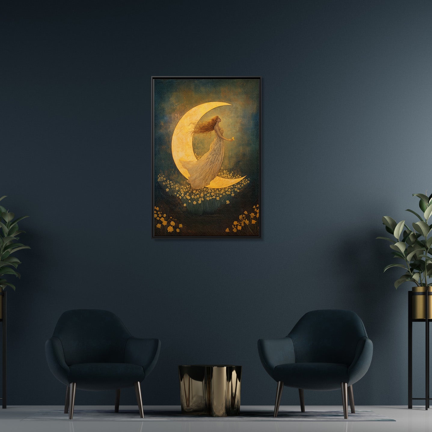 Framed Canvas - Moonlit Dreamer with Daffodils