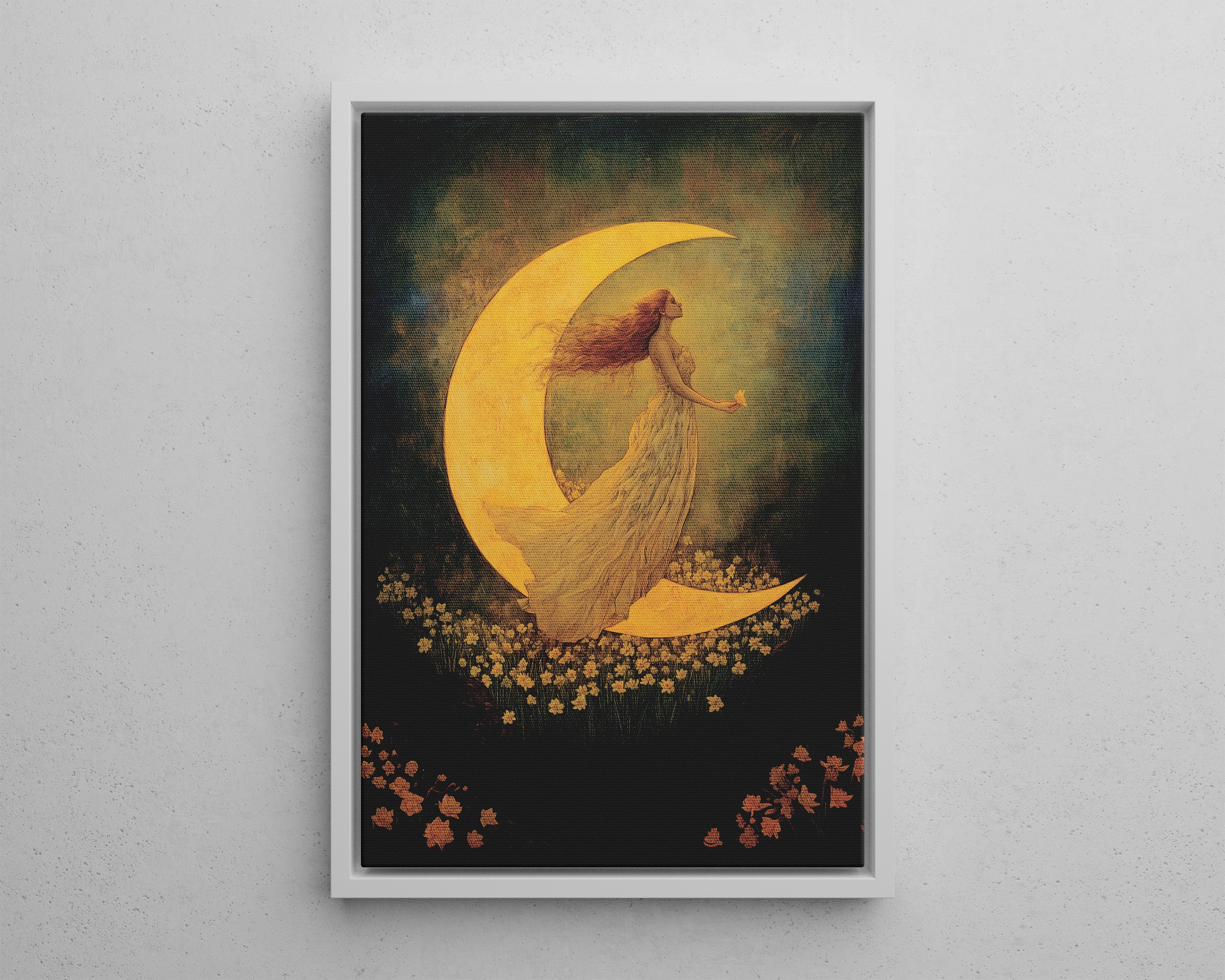 Framed Canvas - Moonlit Dreamer with Daffodils