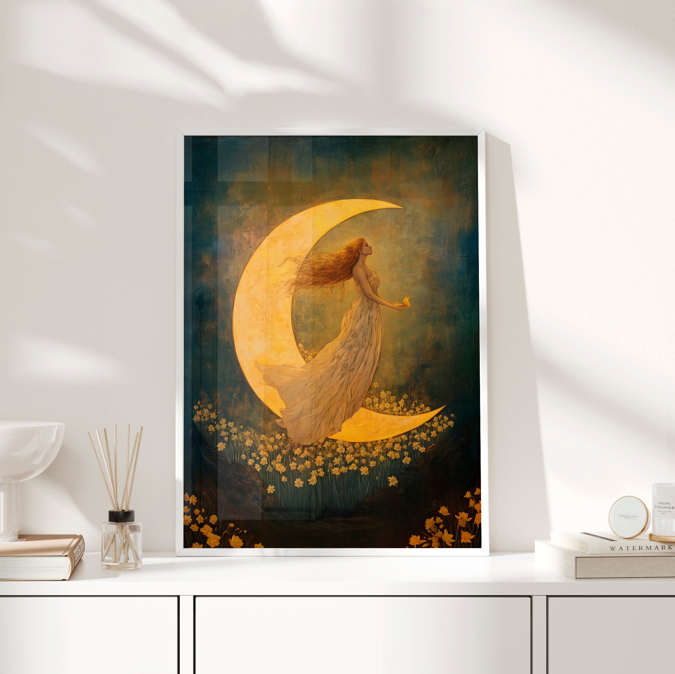 Framed Paper Print - Moonlit Dreamer with Daffodils