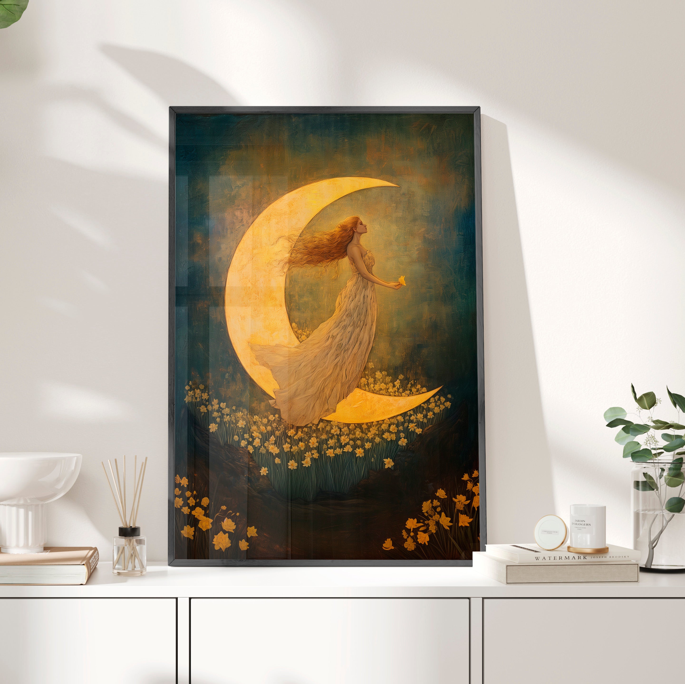 Framed Paper Print - Moonlit Dreamer with Daffodils