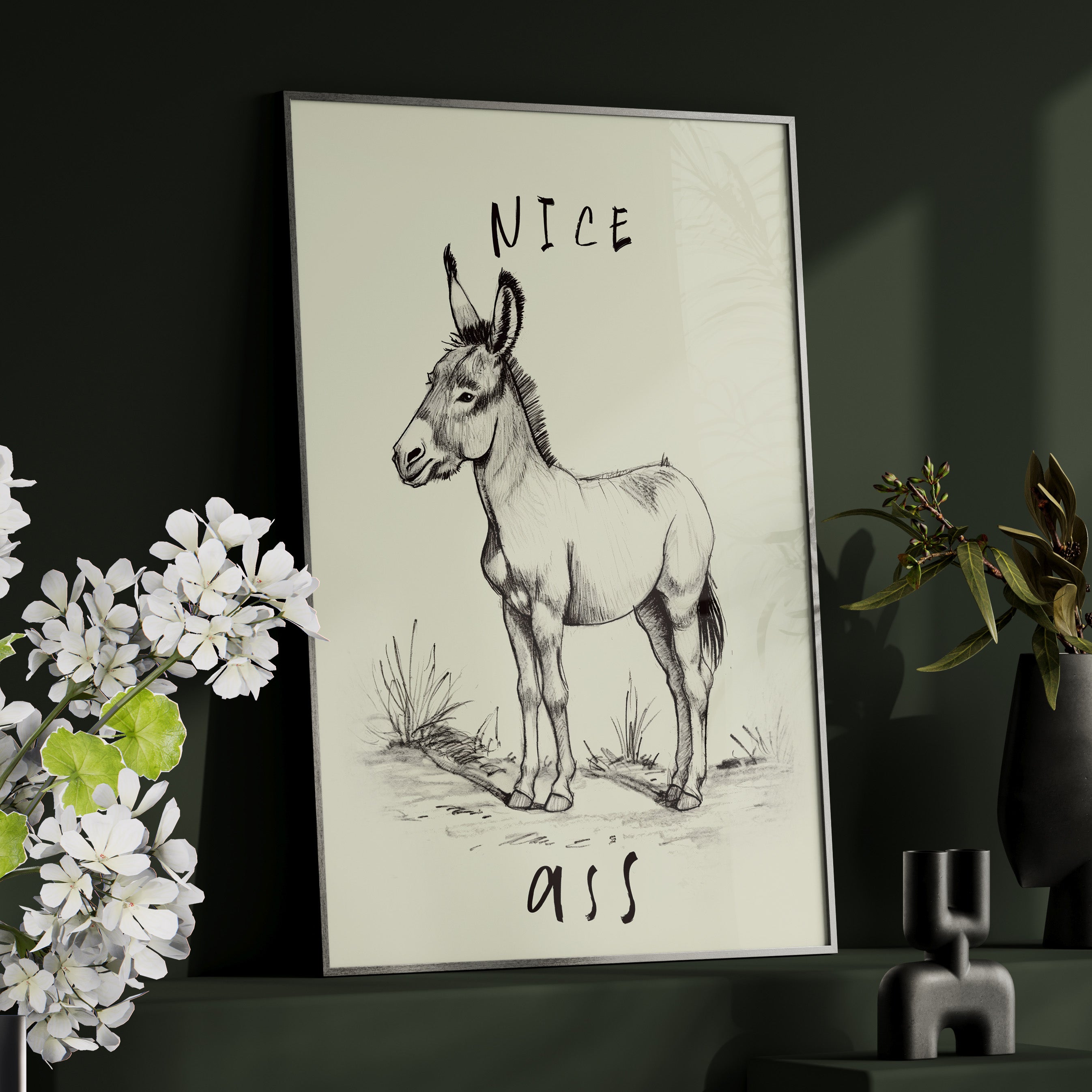 Framed Paper Print - Donkey Line Art Humor