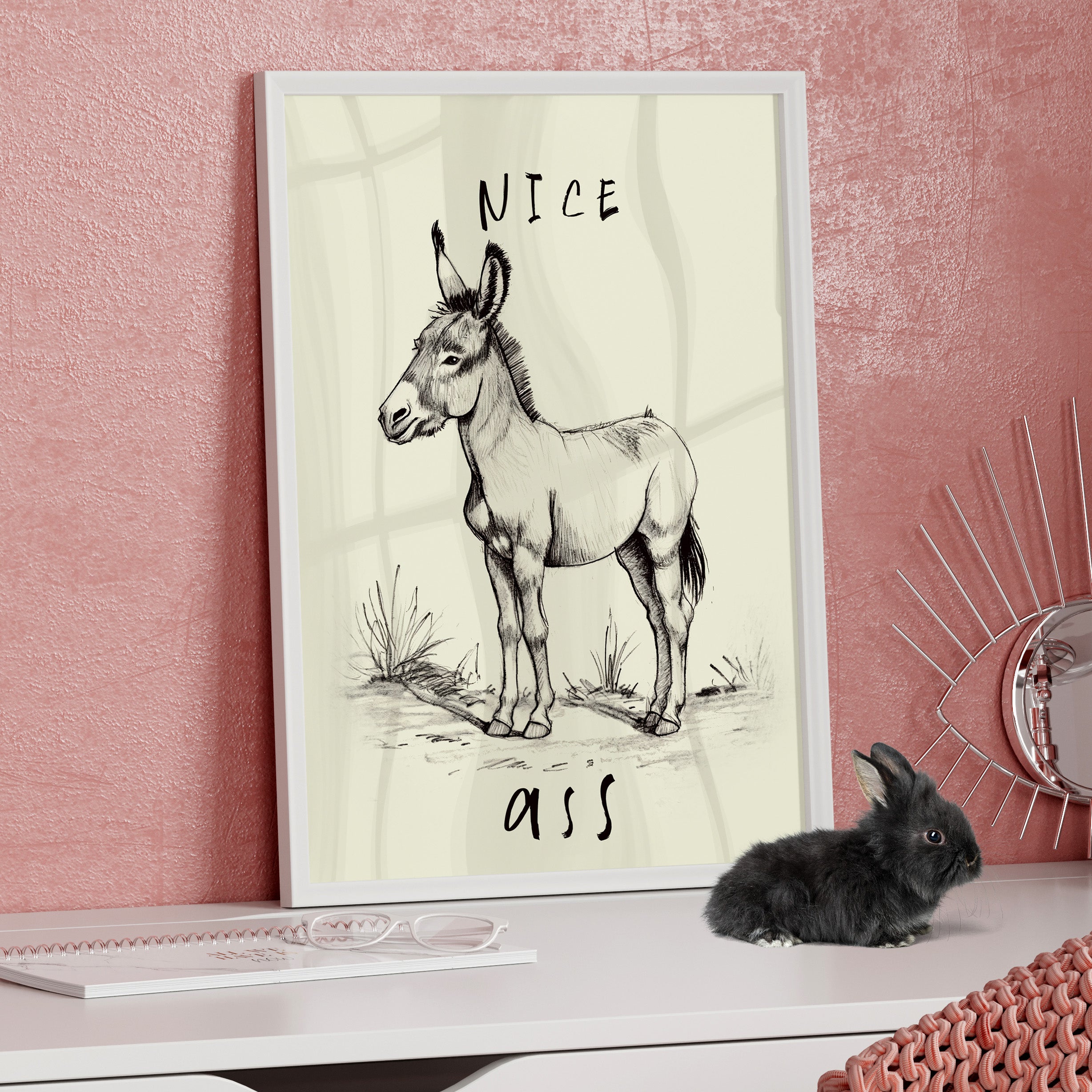 Framed Paper Print - Donkey Line Art Humor