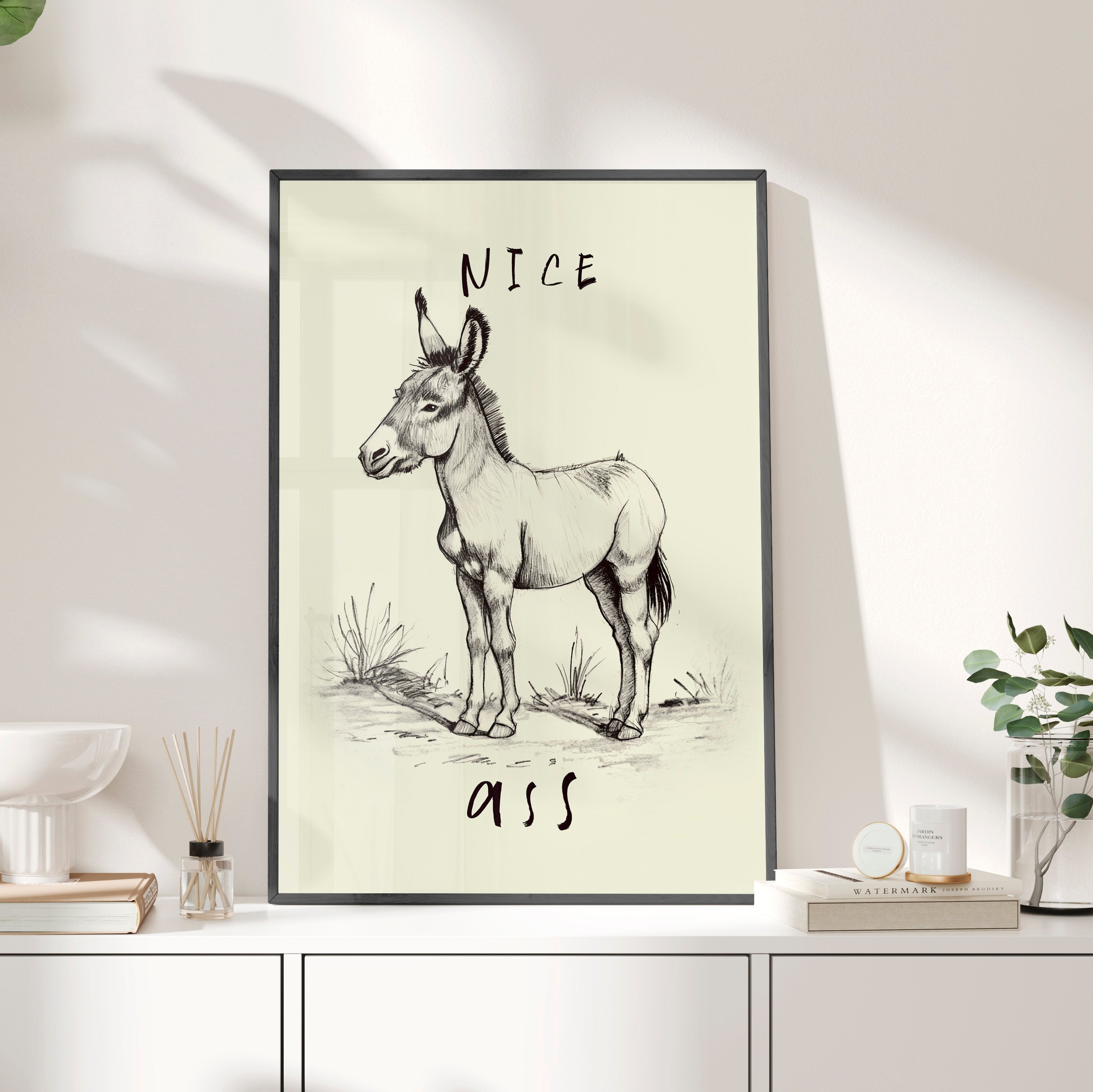 Framed Paper Print - Donkey Line Art Humor
