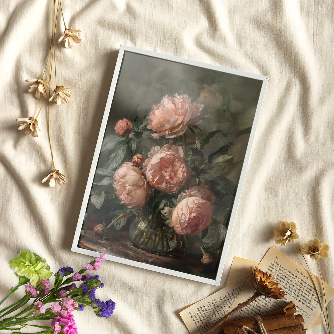 Framed Paper Print - Vintage Blush Peony Bouquet