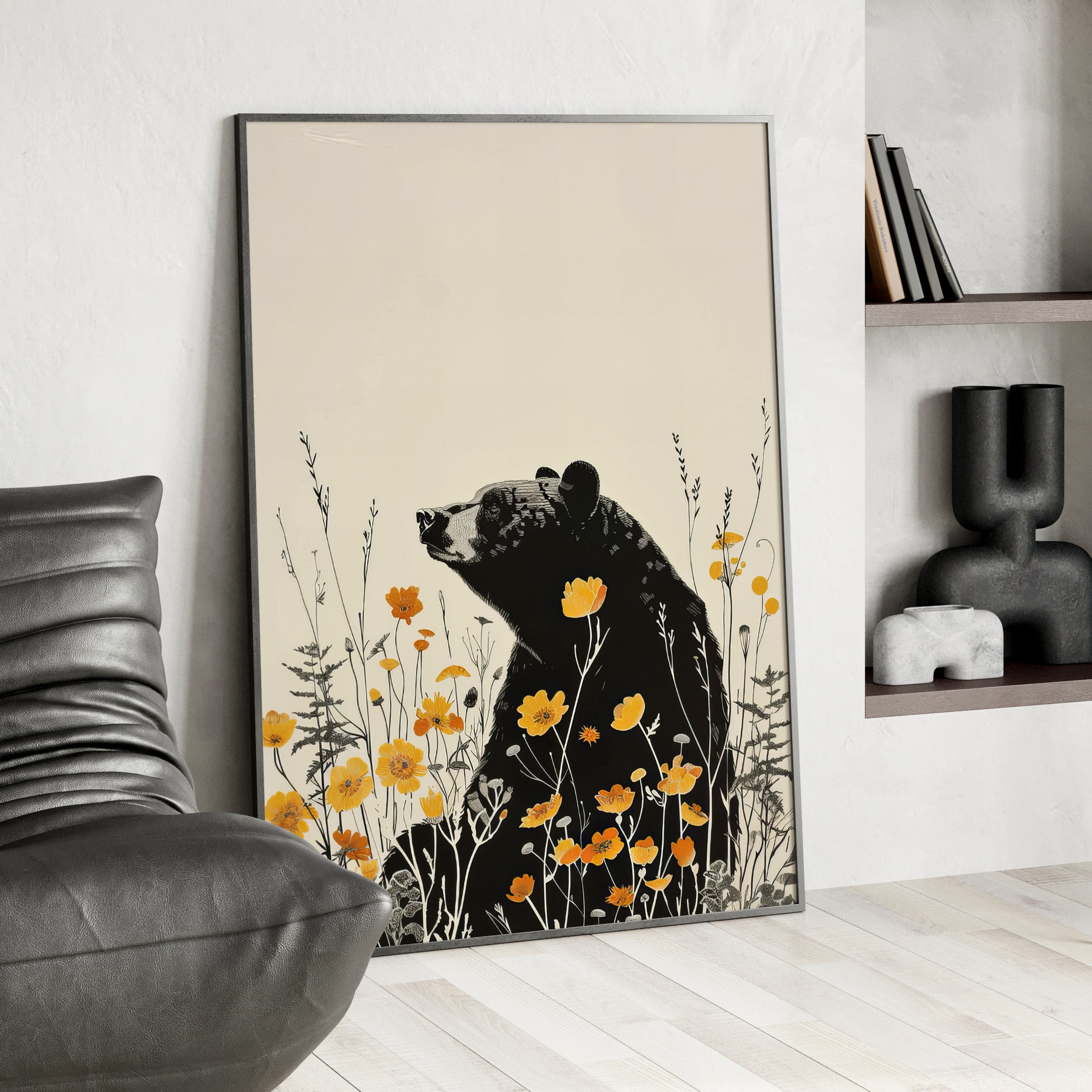 Framed Paper Print - Black Bear in Wildflowers