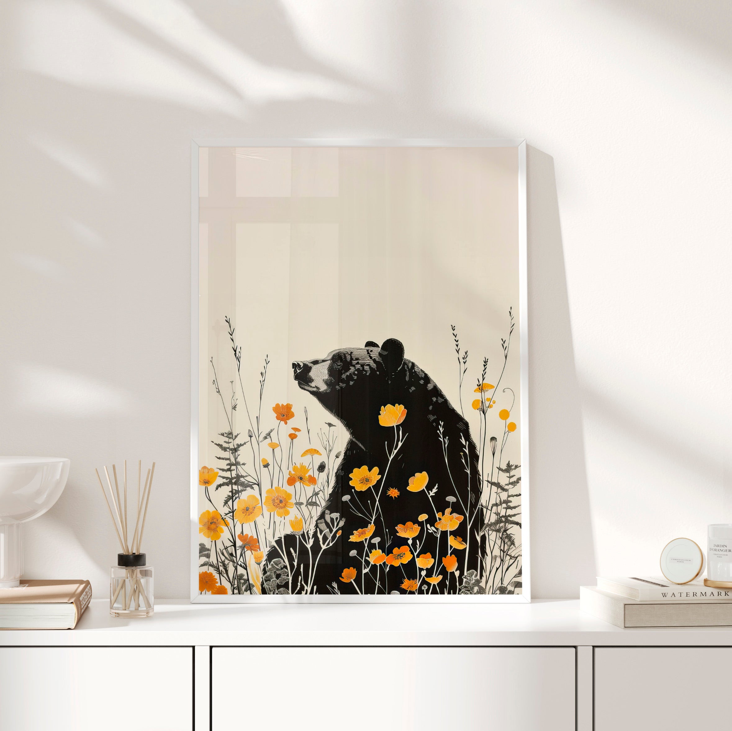 Framed Paper Print - Black Bear in Wildflowers