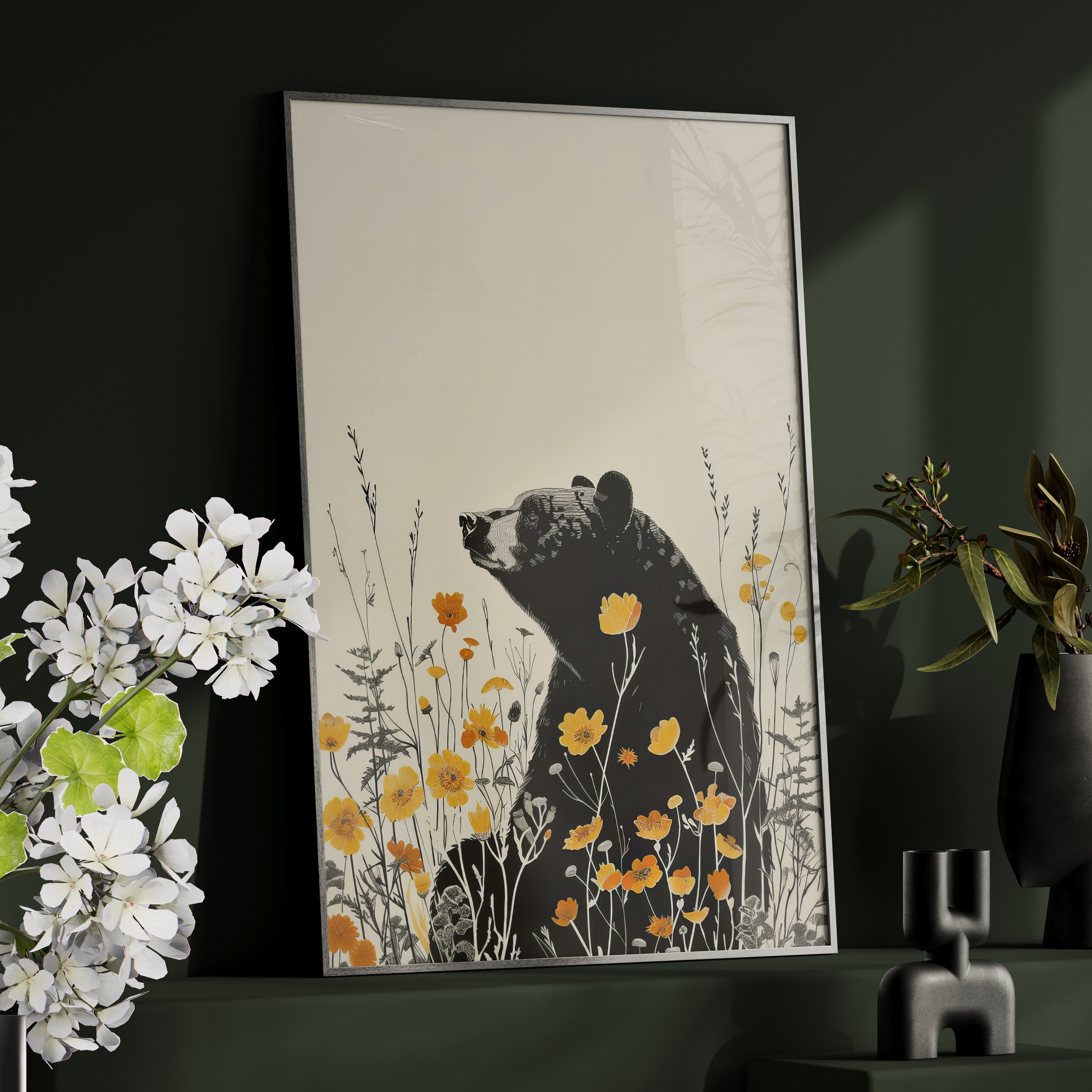 Framed Paper Print - Black Bear in Wildflowers