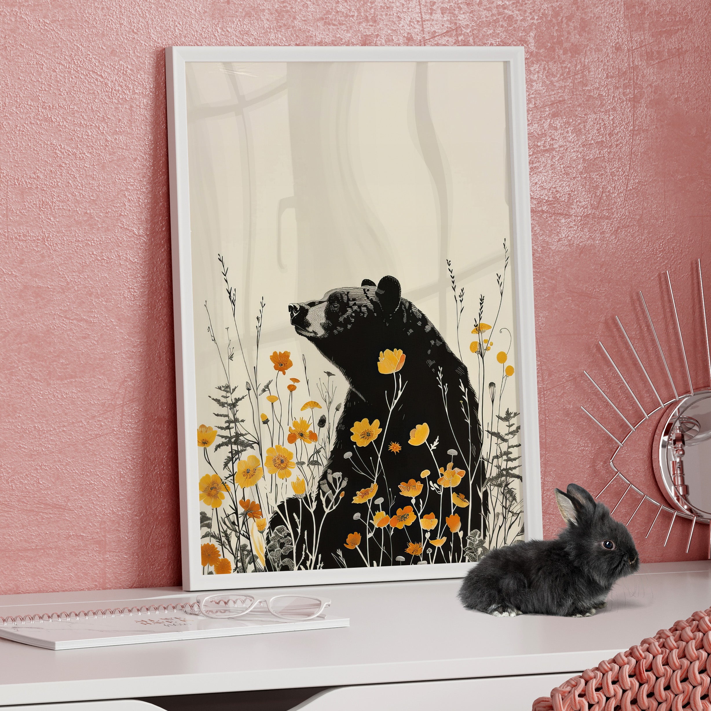 Framed Paper Print - Black Bear in Wildflowers