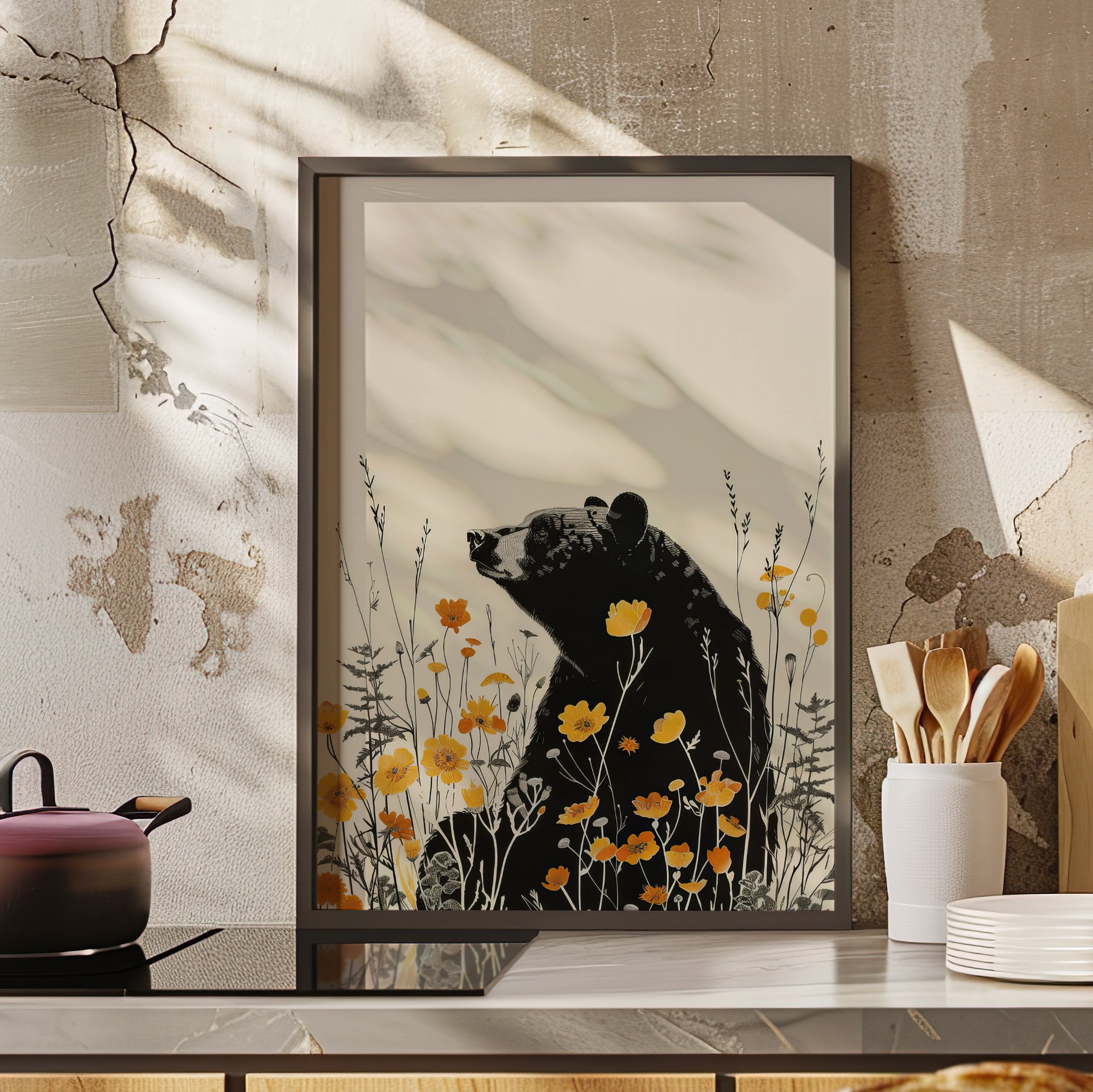 Framed Paper Print - Black Bear in Wildflowers