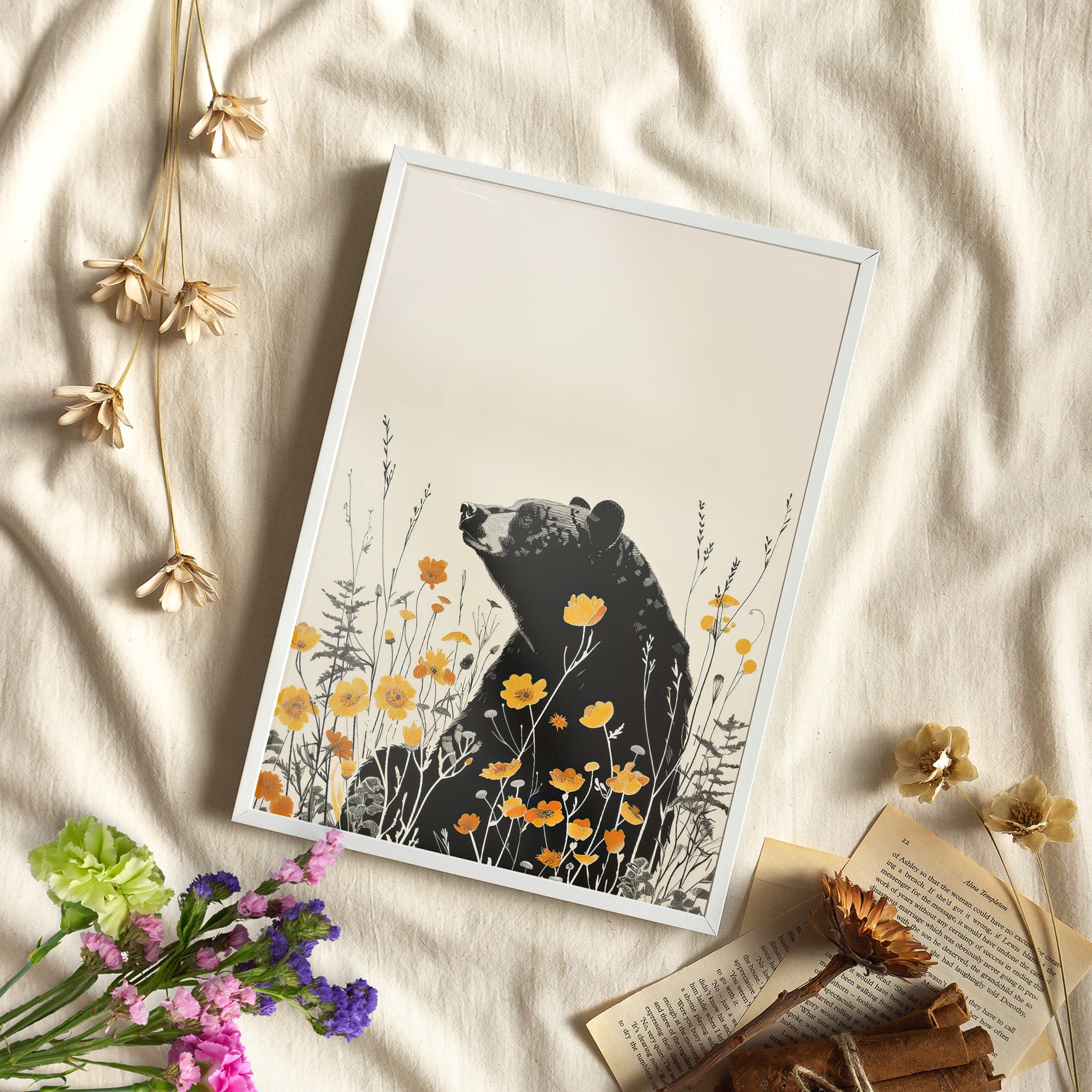 Framed Paper Print - Black Bear in Wildflowers