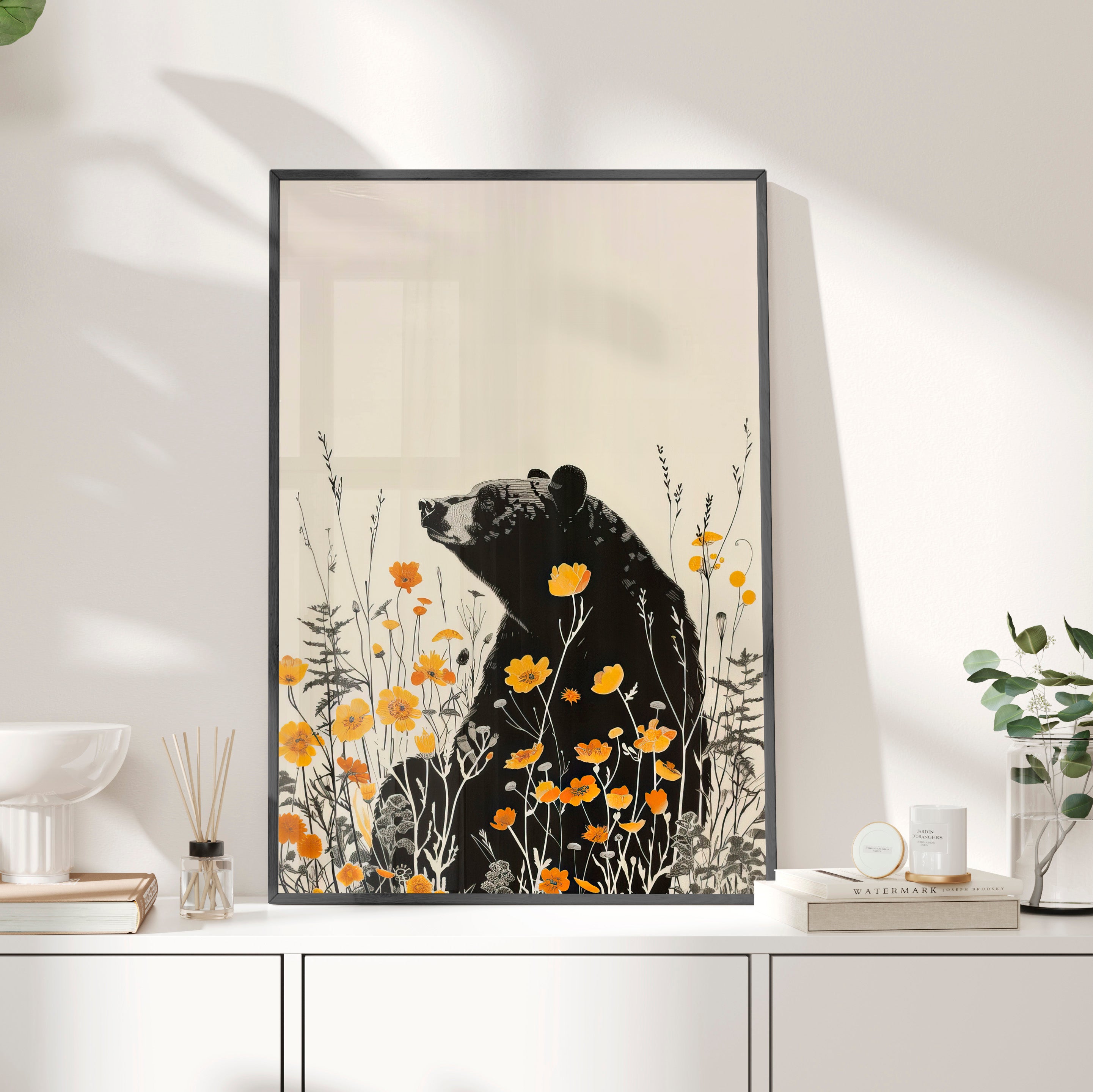Framed Paper Print - Black Bear in Wildflowers