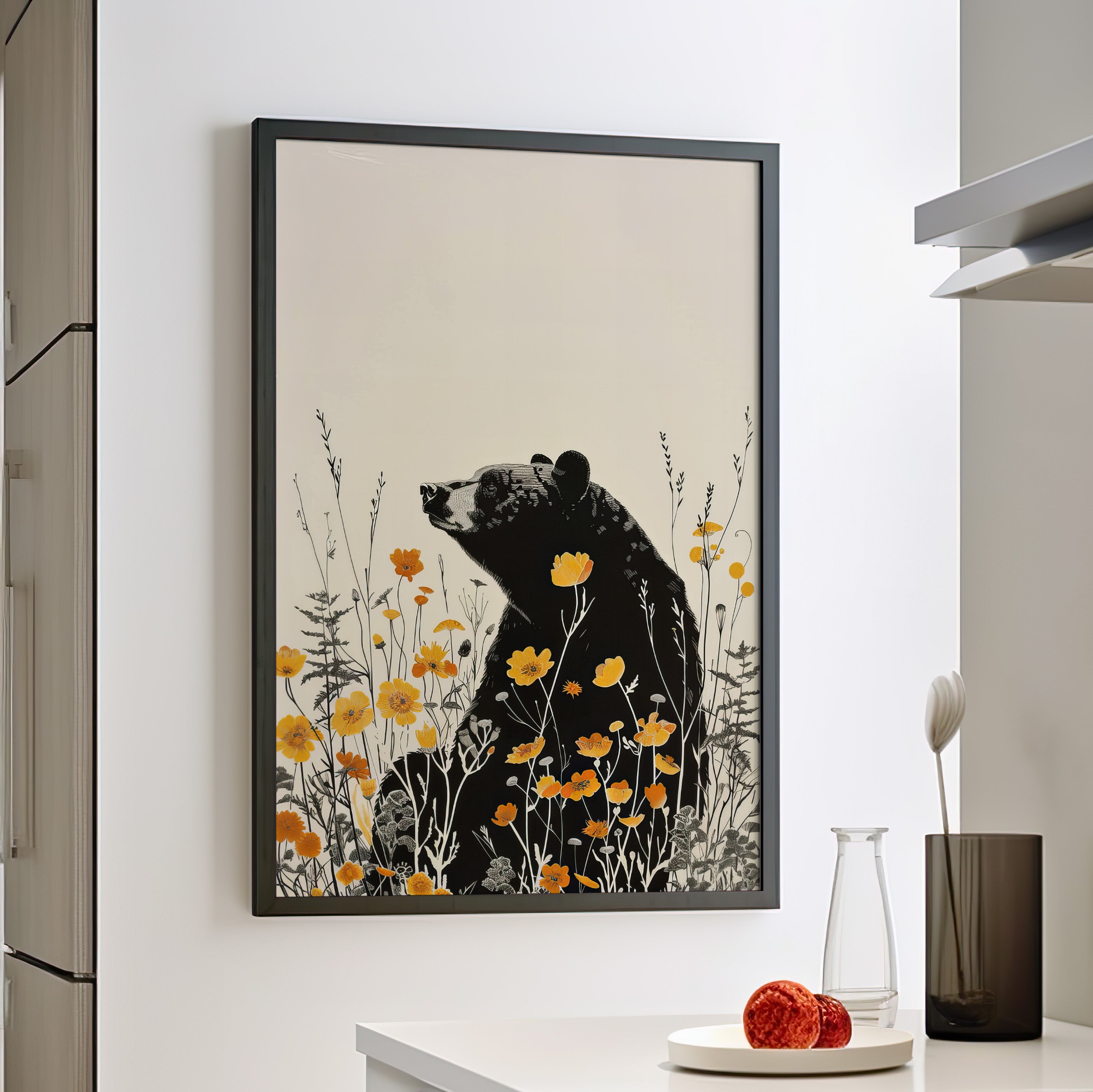 Framed Paper Print - Black Bear in Wildflowers