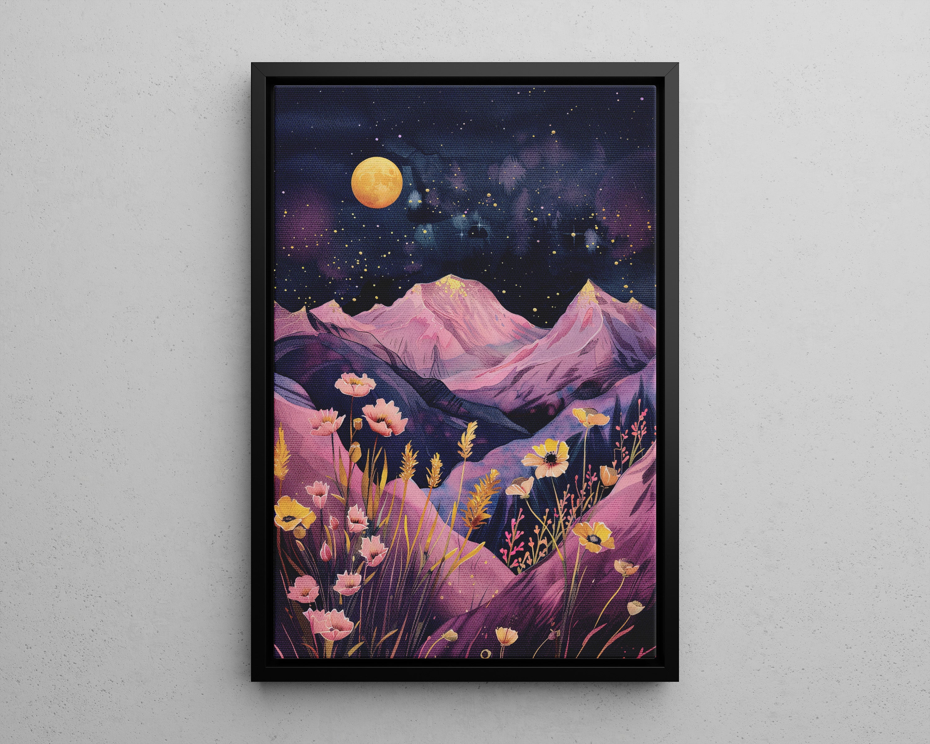 Framed Canvas - Golden Moon Over Lavender Peaks