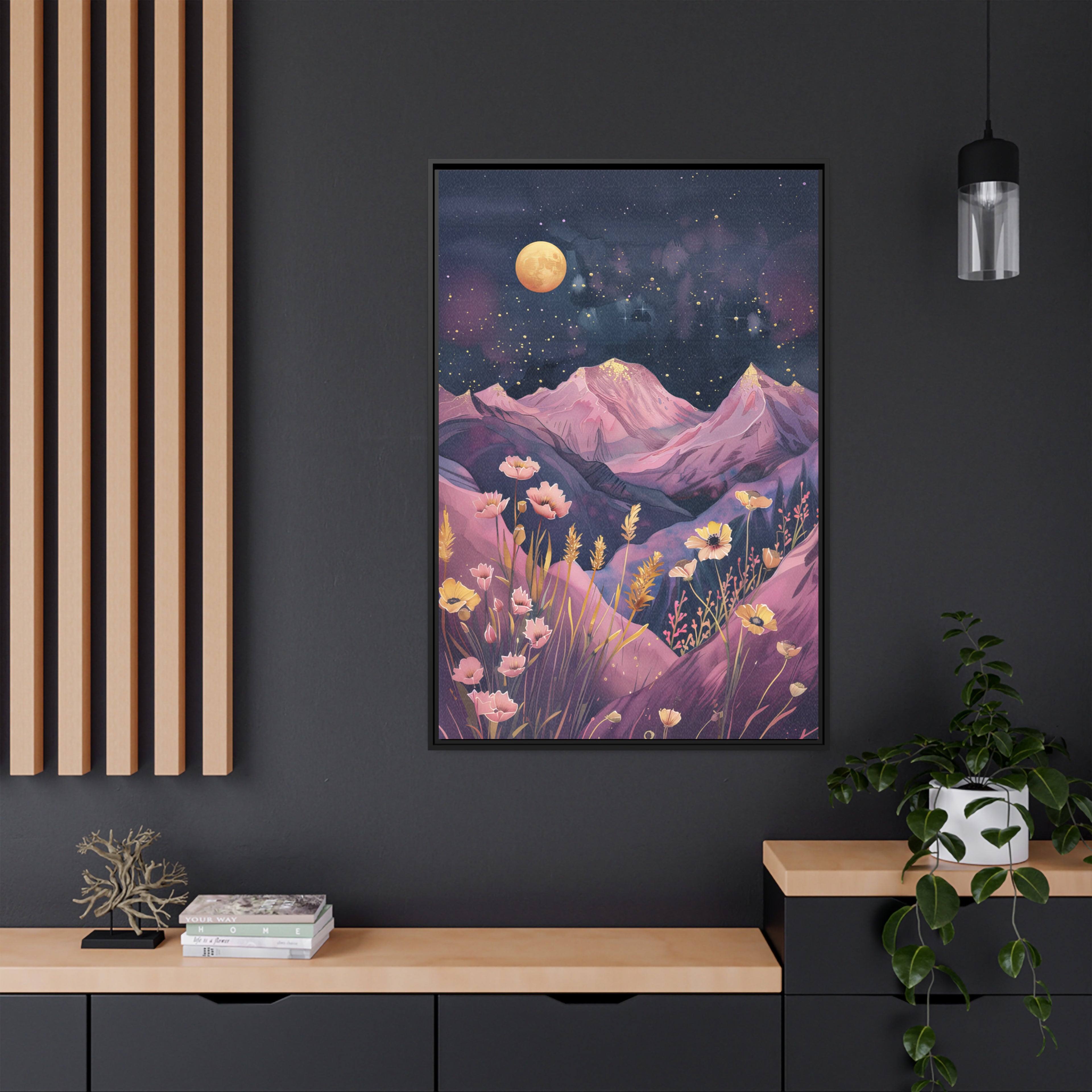 Framed Canvas - Golden Moon Over Lavender Peaks