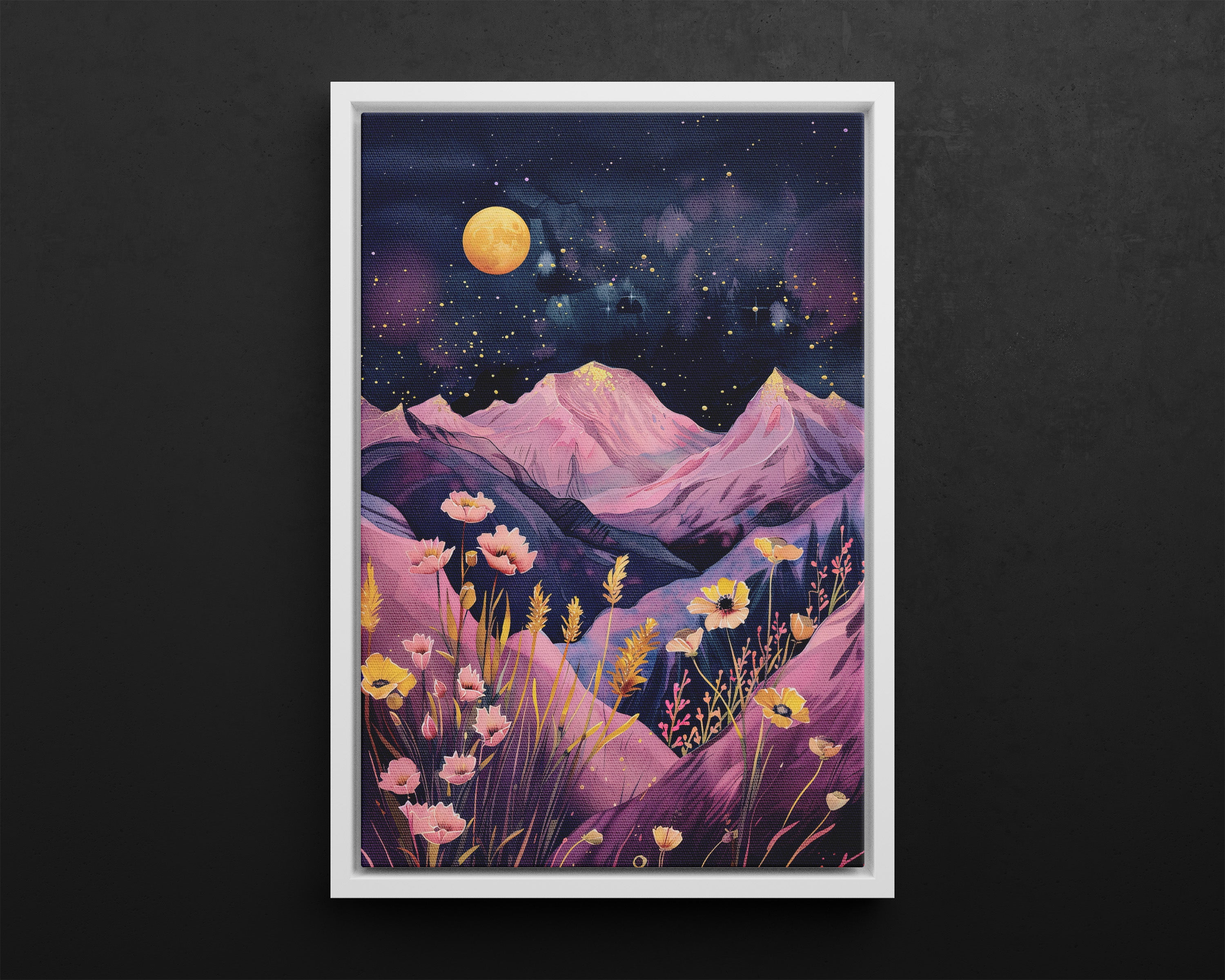 Framed Canvas - Golden Moon Over Lavender Peaks