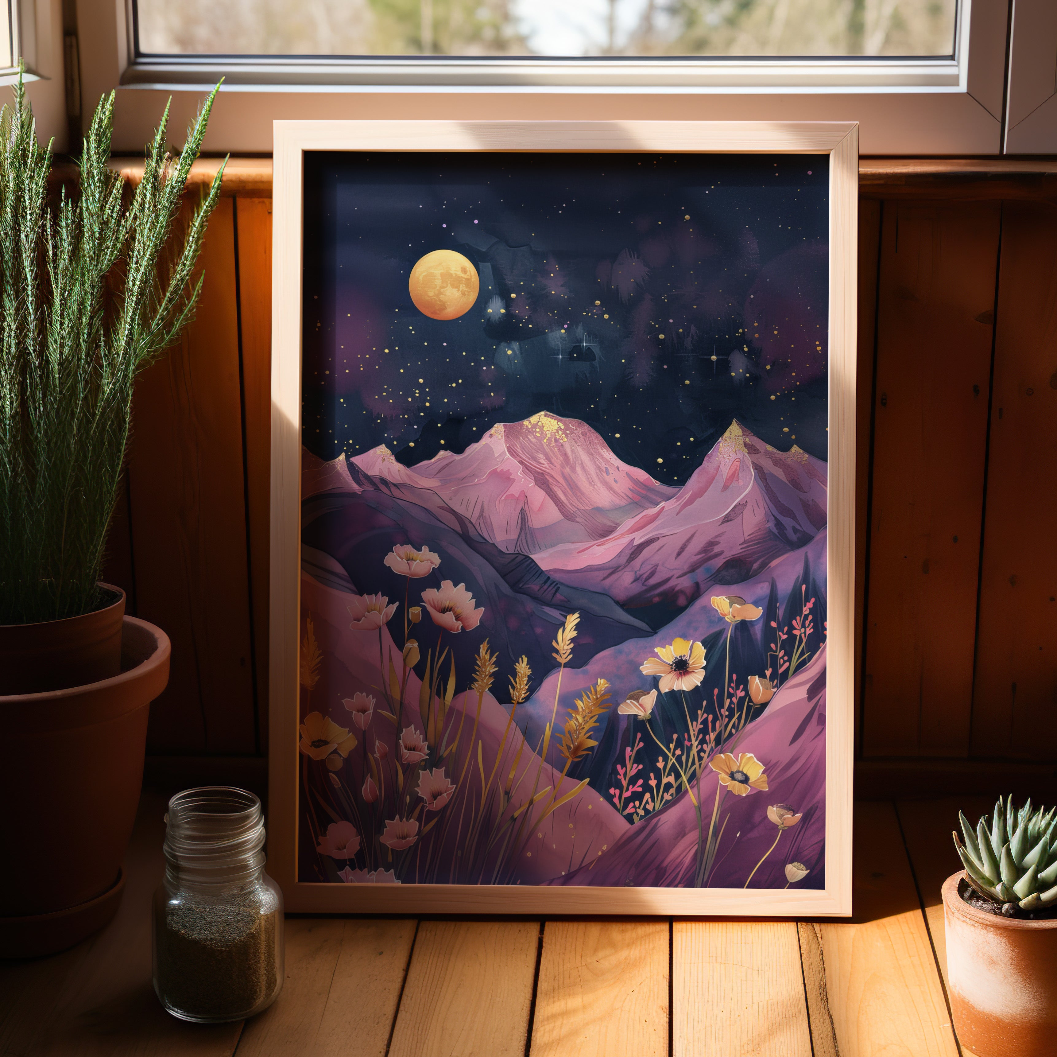 Golden Moon Over Lavender Peaks