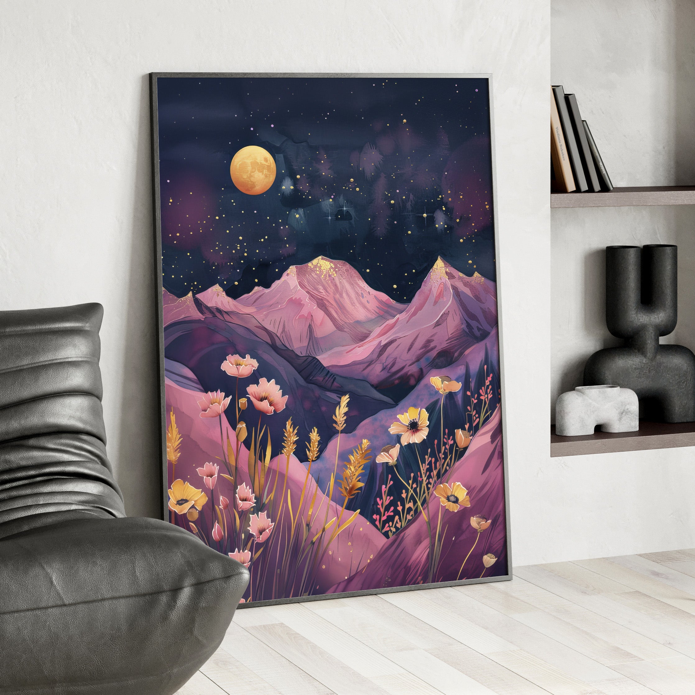 Framed Paper Print - Golden Moon Over Lavender Peaks