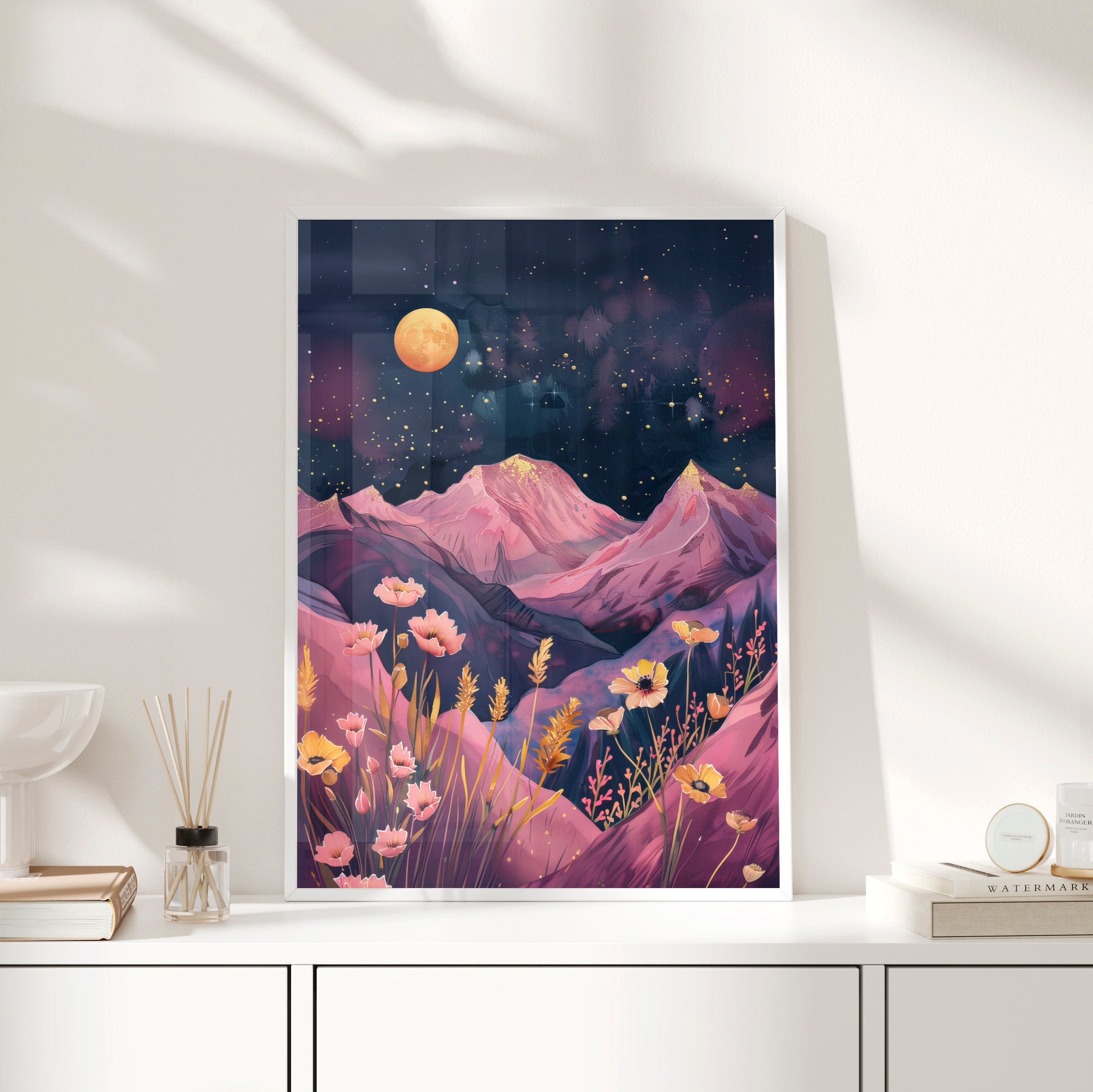 Framed Paper Print - Golden Moon Over Lavender Peaks
