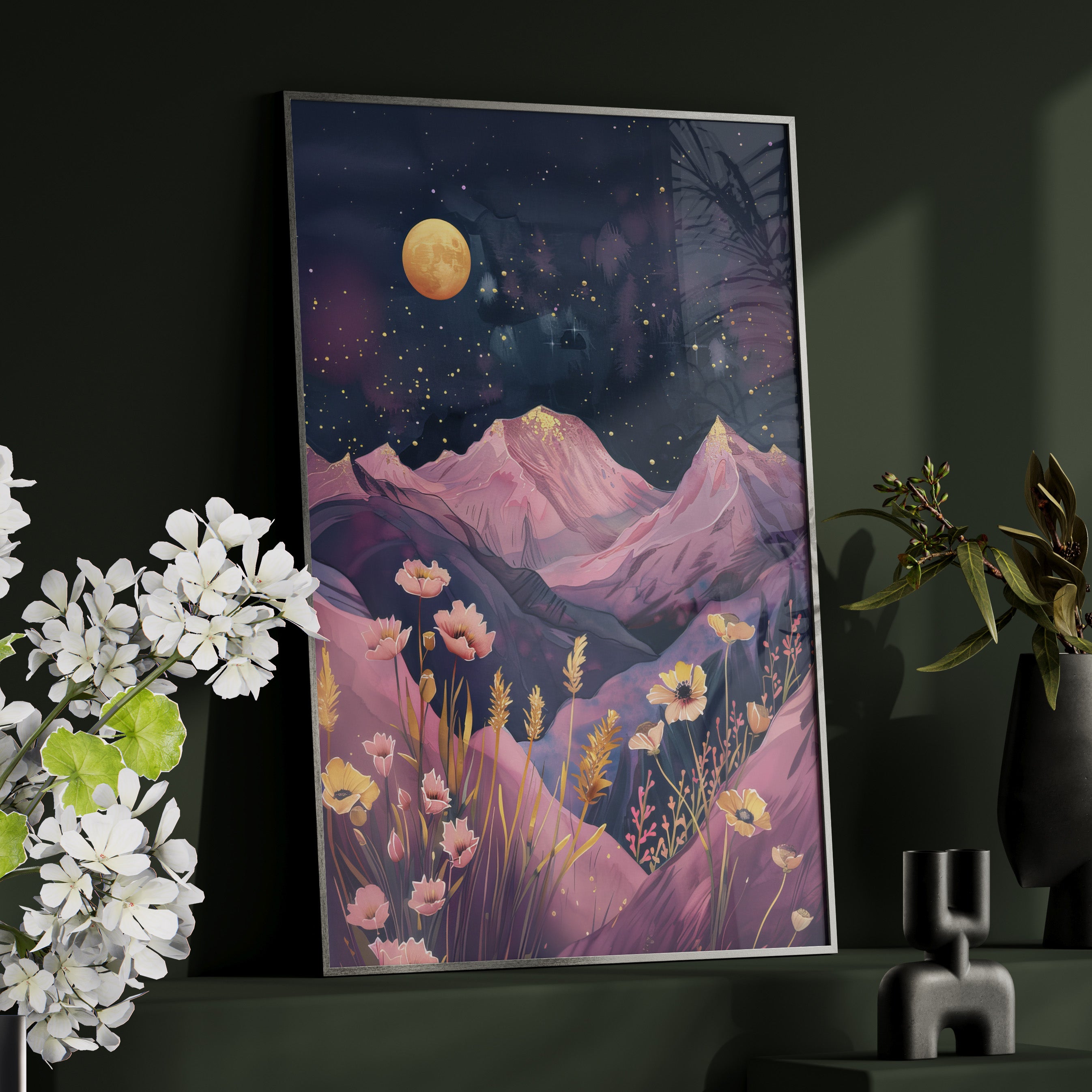 Framed Paper Print - Golden Moon Over Lavender Peaks