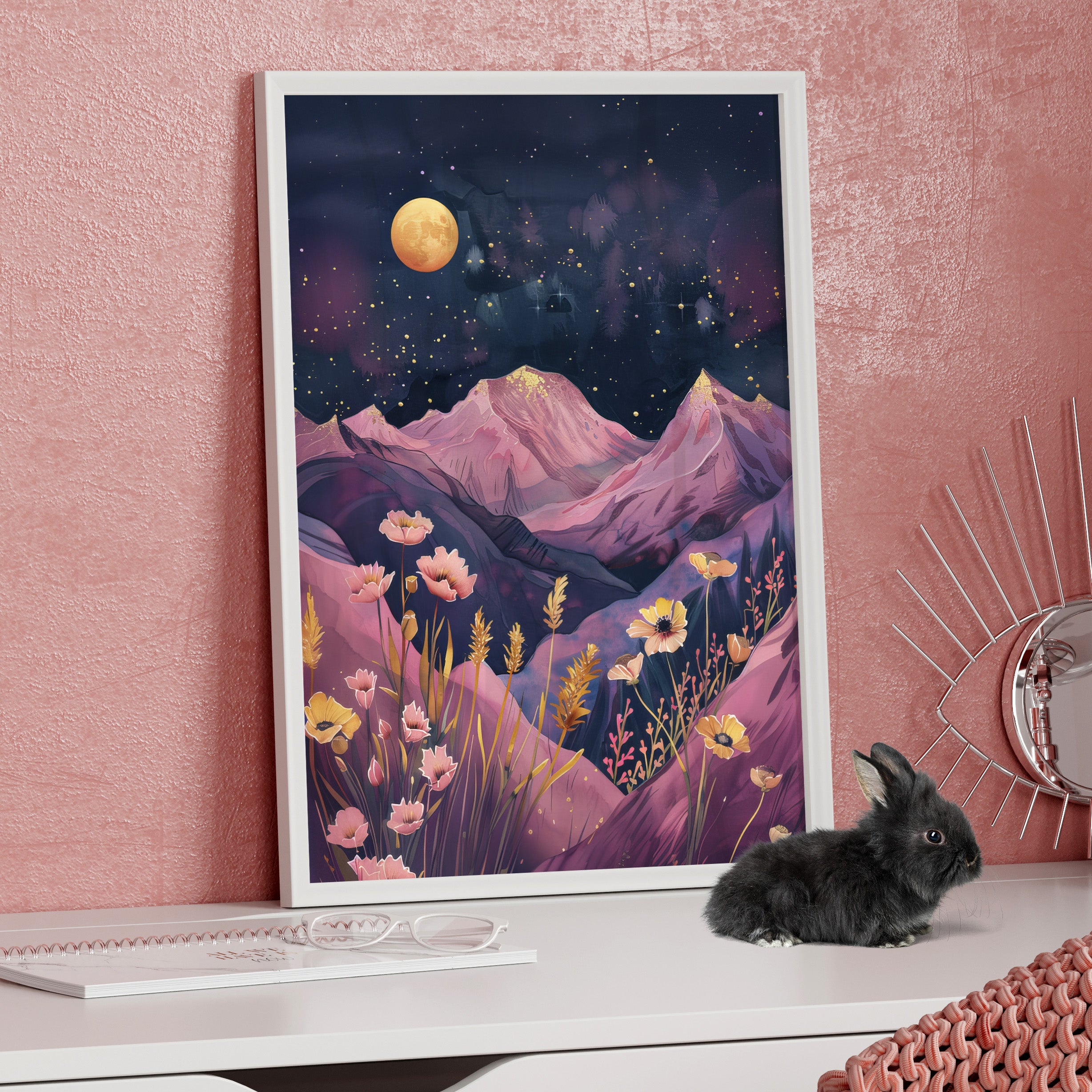 Framed Paper Print - Golden Moon Over Lavender Peaks