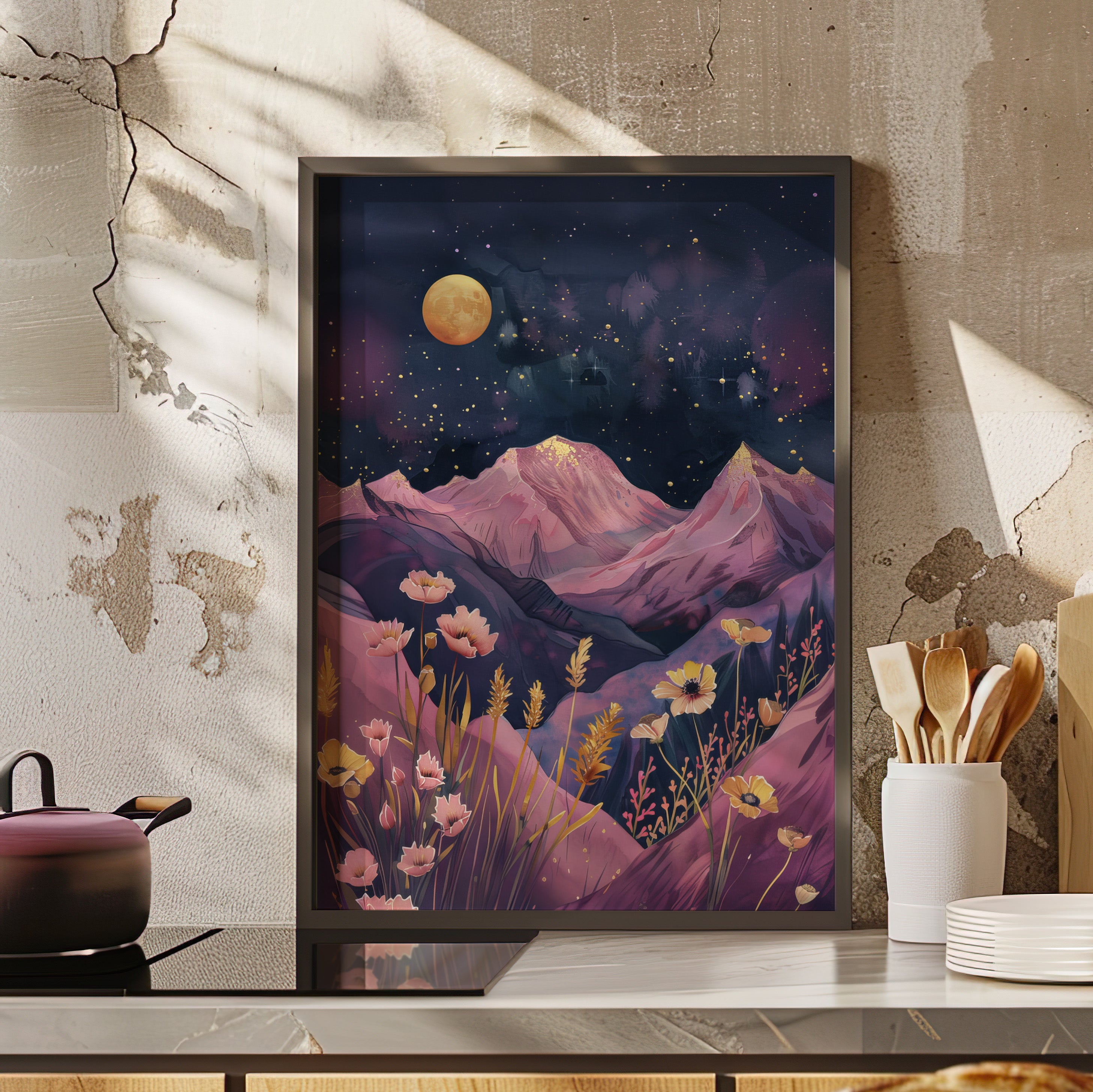 Framed Paper Print - Golden Moon Over Lavender Peaks