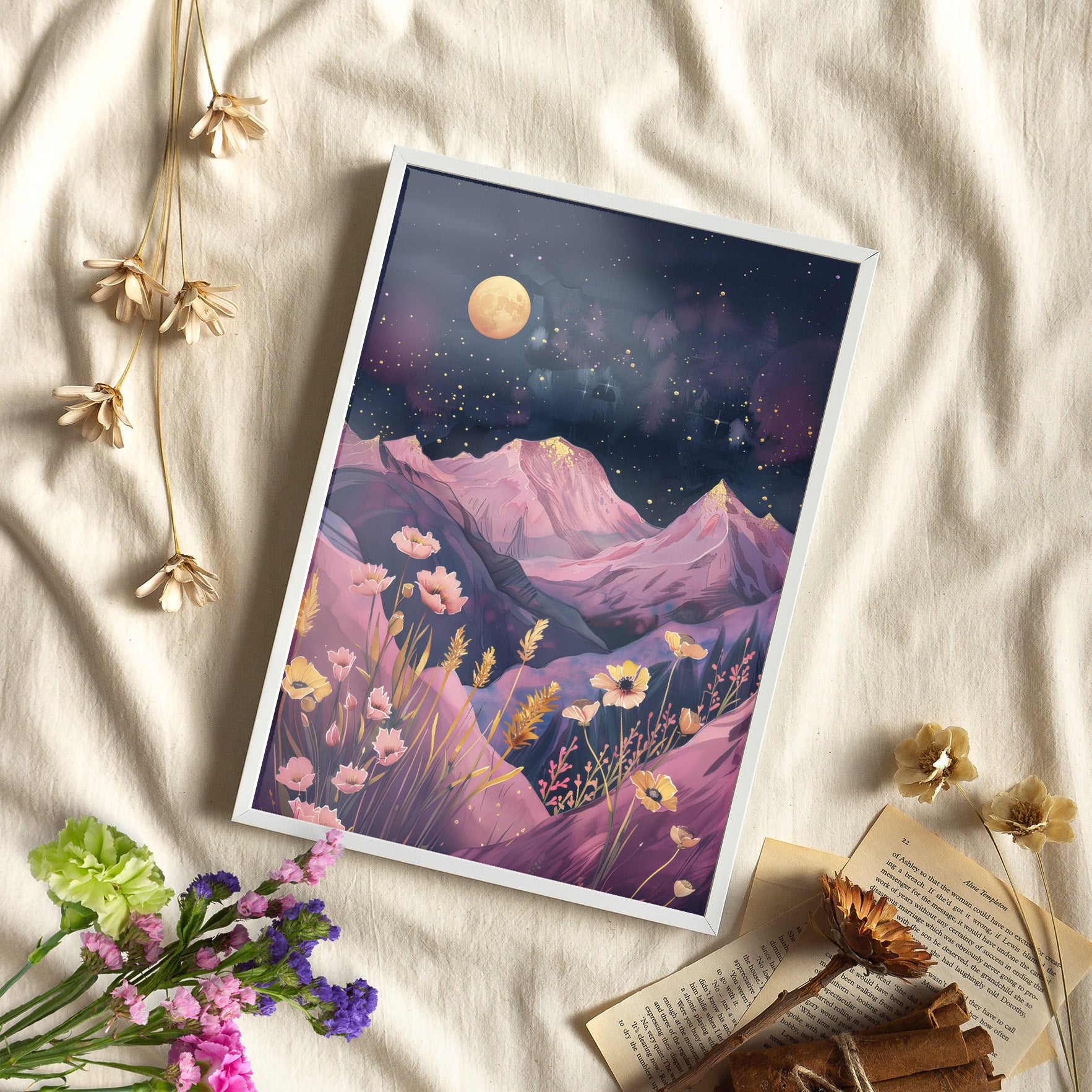 Framed Paper Print - Golden Moon Over Lavender Peaks