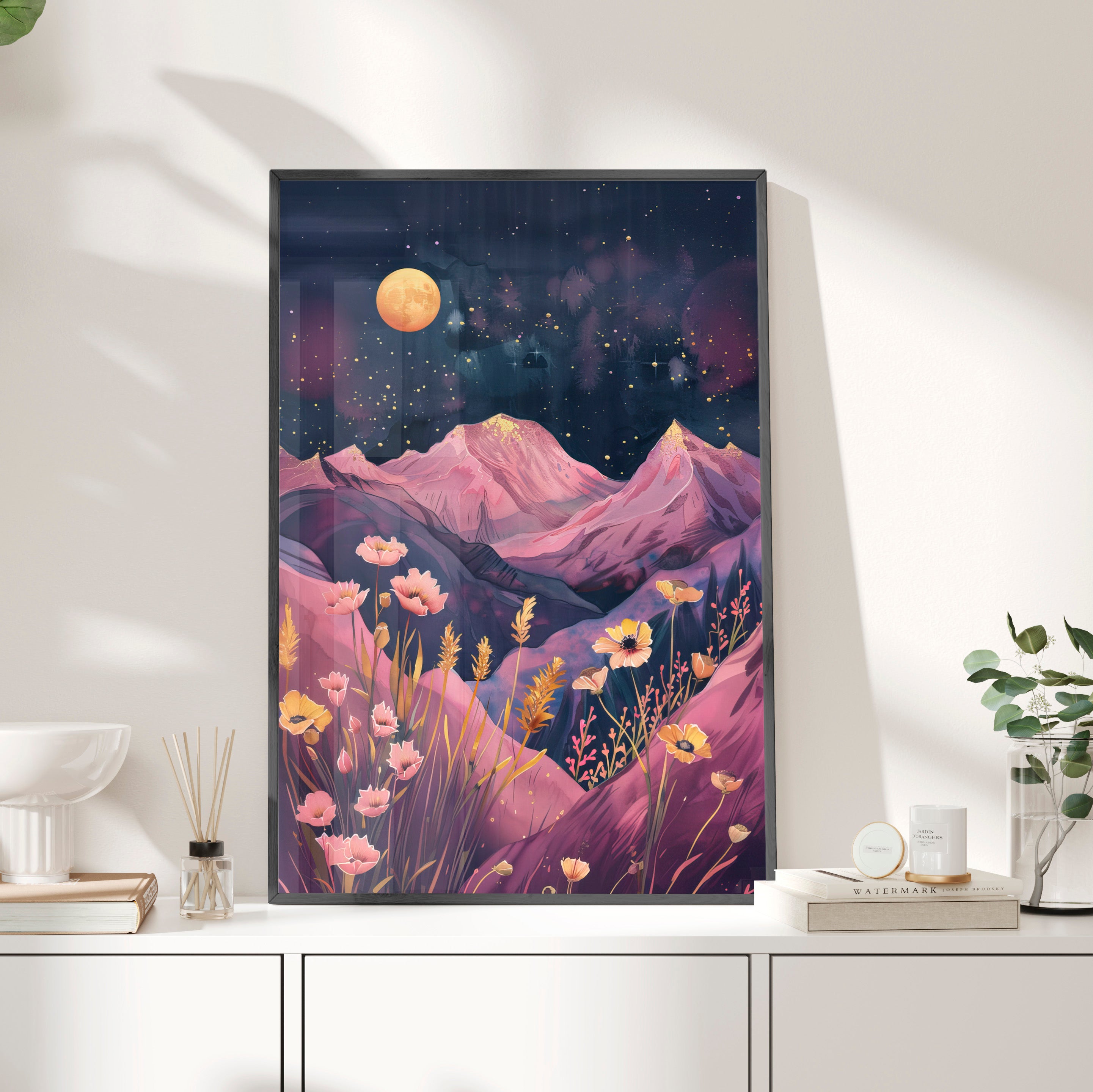Framed Paper Print - Golden Moon Over Lavender Peaks