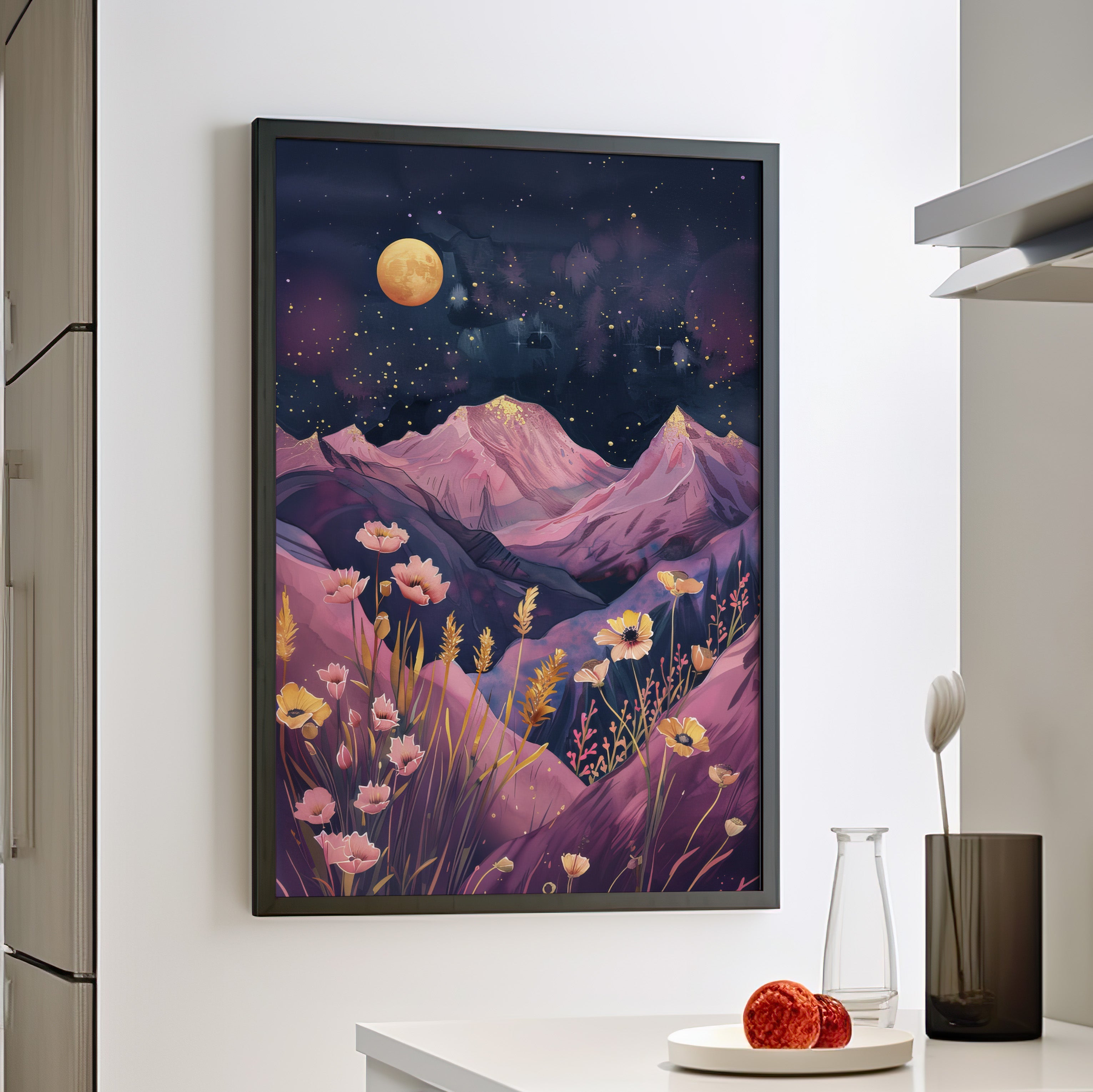 Framed Paper Print - Golden Moon Over Lavender Peaks