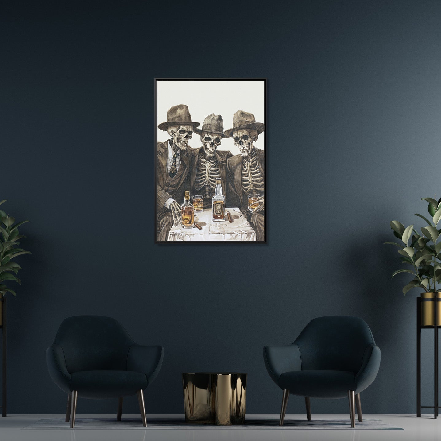 Framed Canvas - Skeleton Whiskey Gentlemen