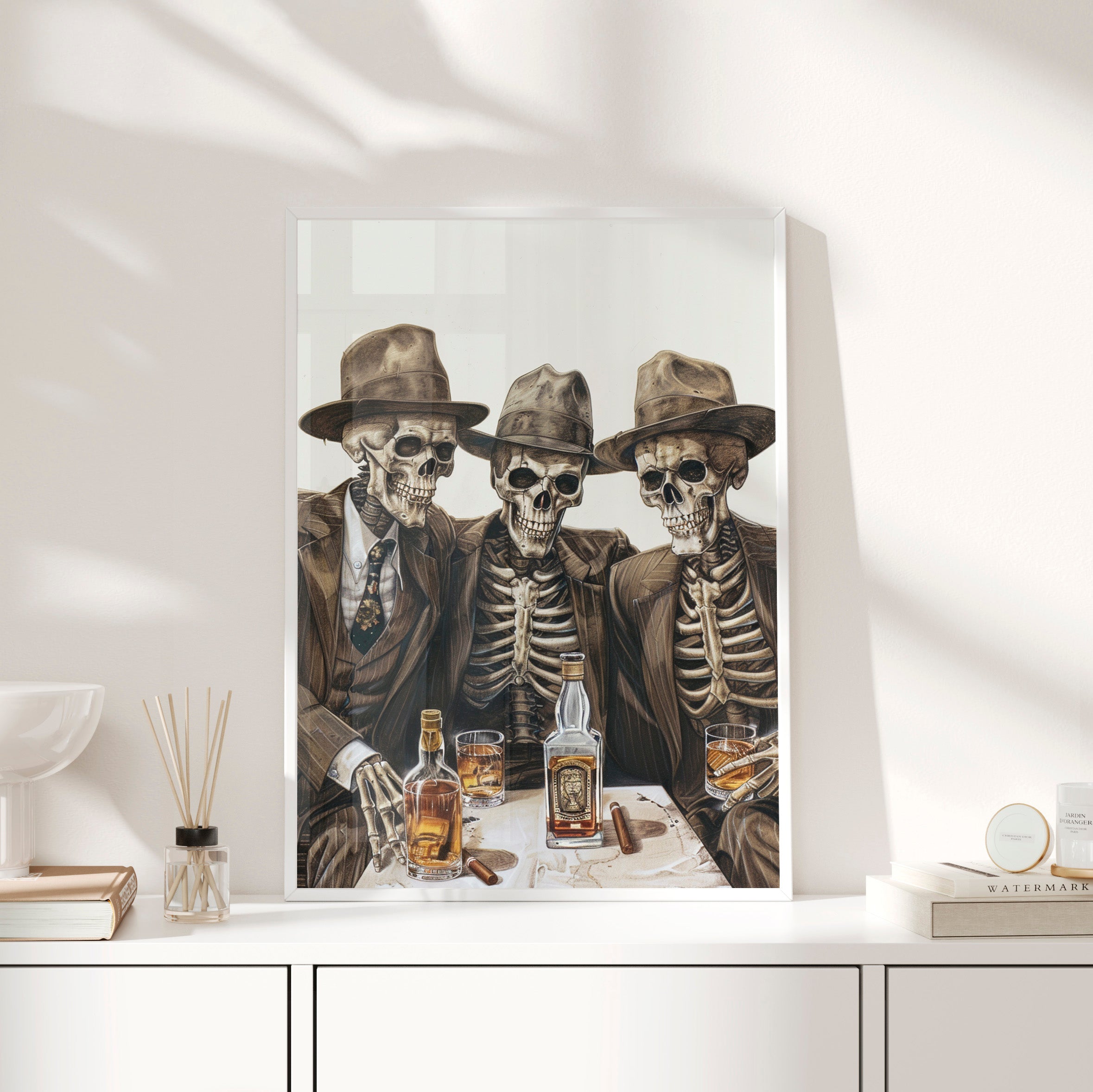 Framed Paper Print - Skeleton Whiskey Gentlemen