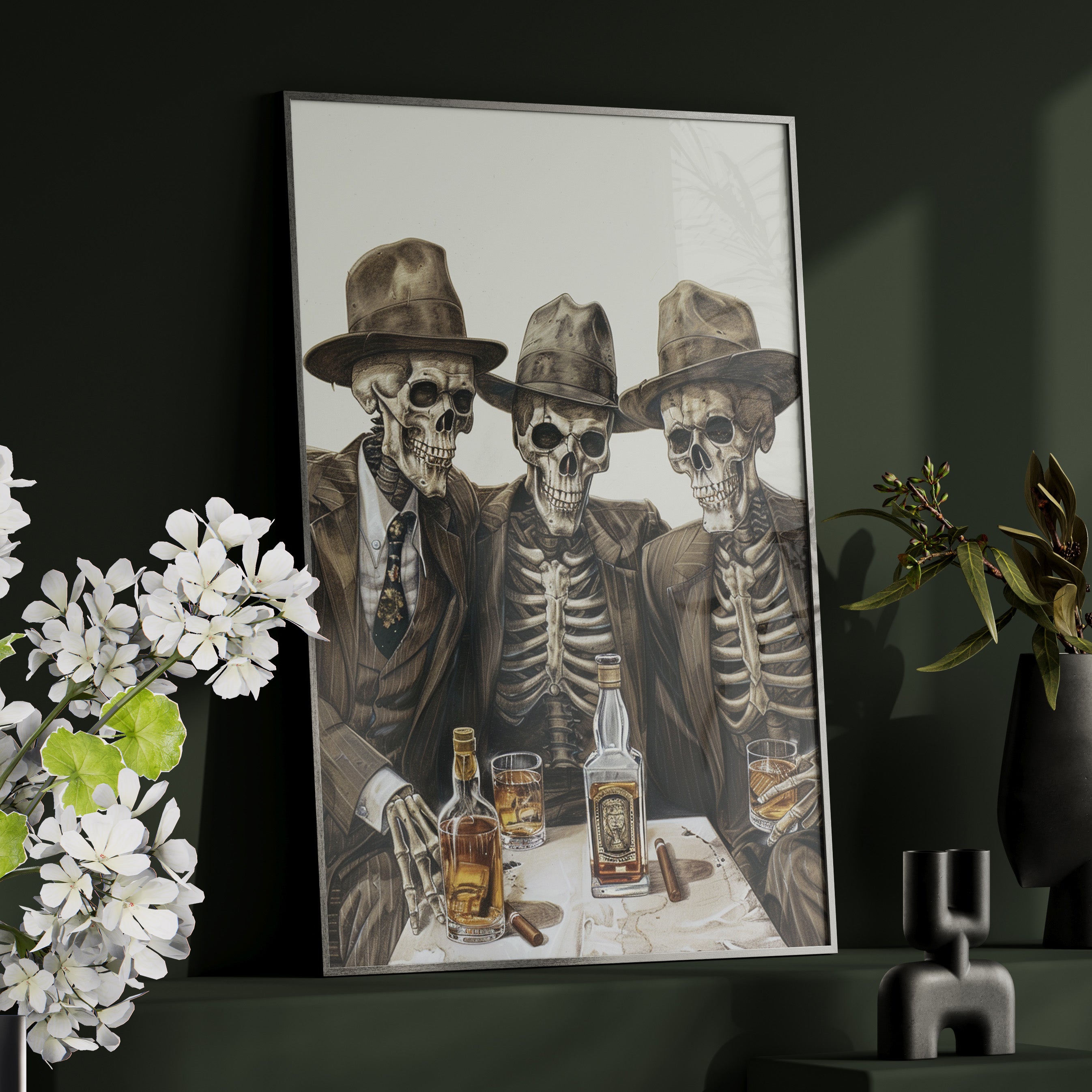 Framed Paper Print - Skeleton Whiskey Gentlemen