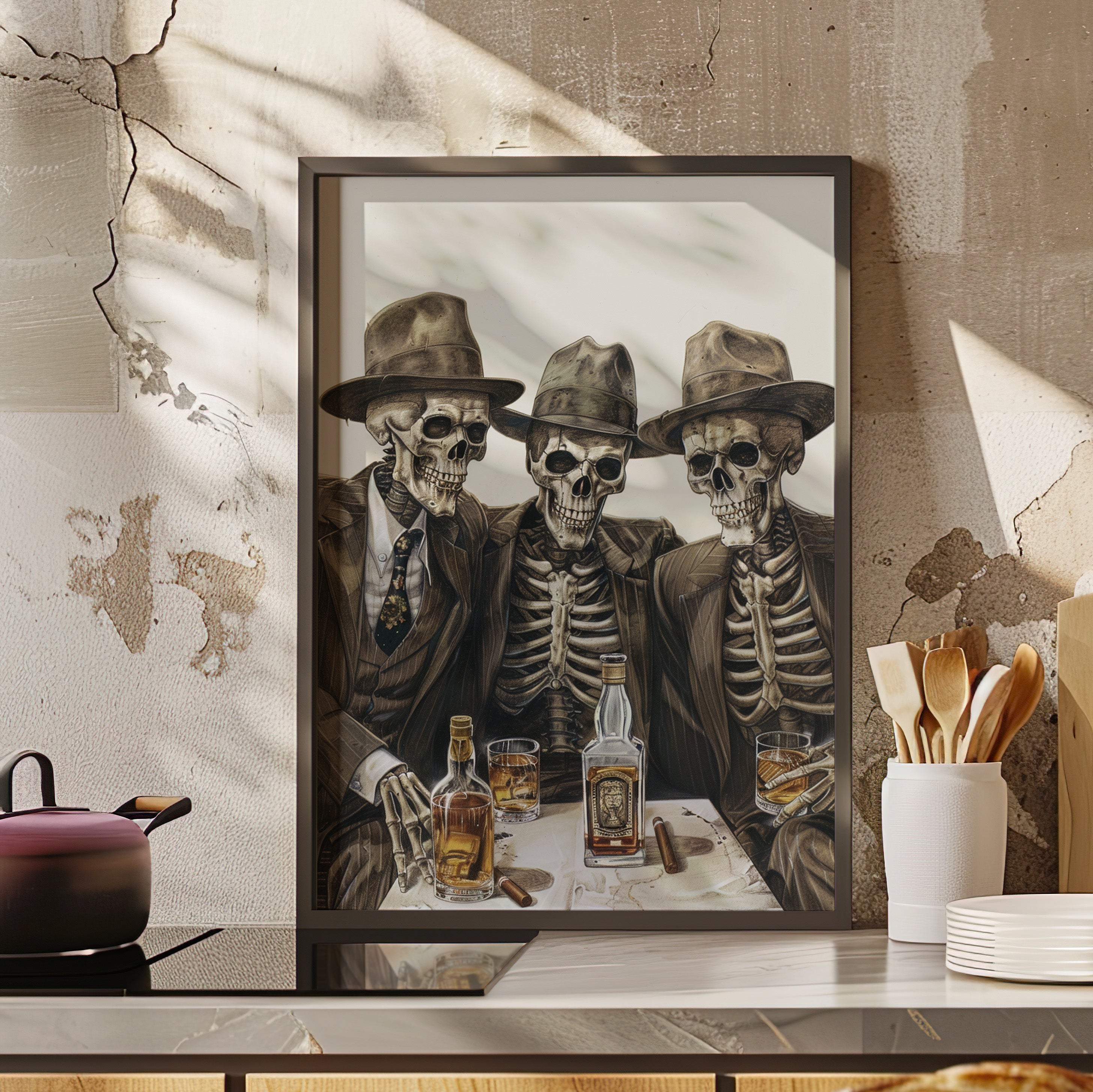Framed Paper Print - Skeleton Whiskey Gentlemen