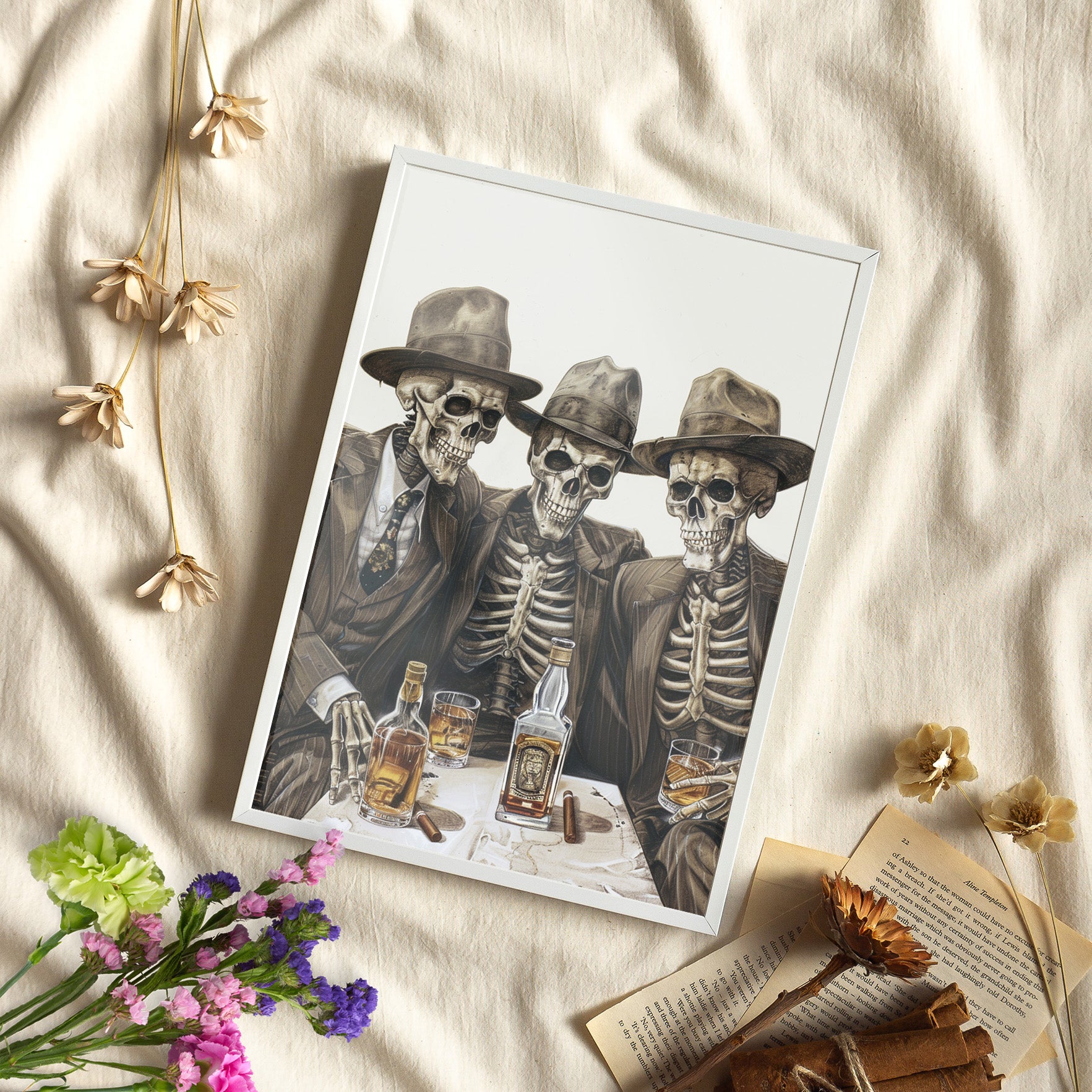 Framed Paper Print - Skeleton Whiskey Gentlemen