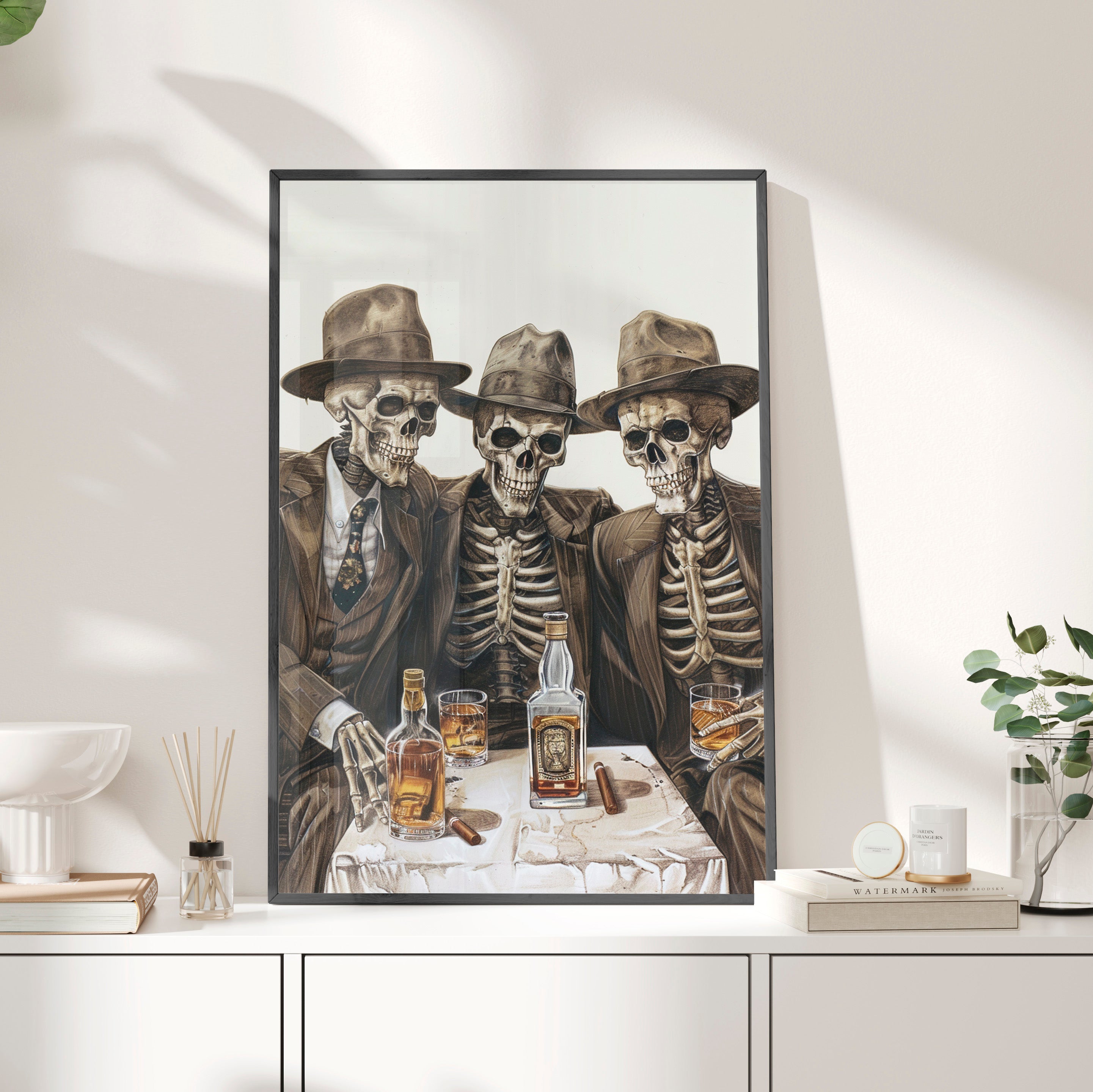 Framed Paper Print - Skeleton Whiskey Gentlemen