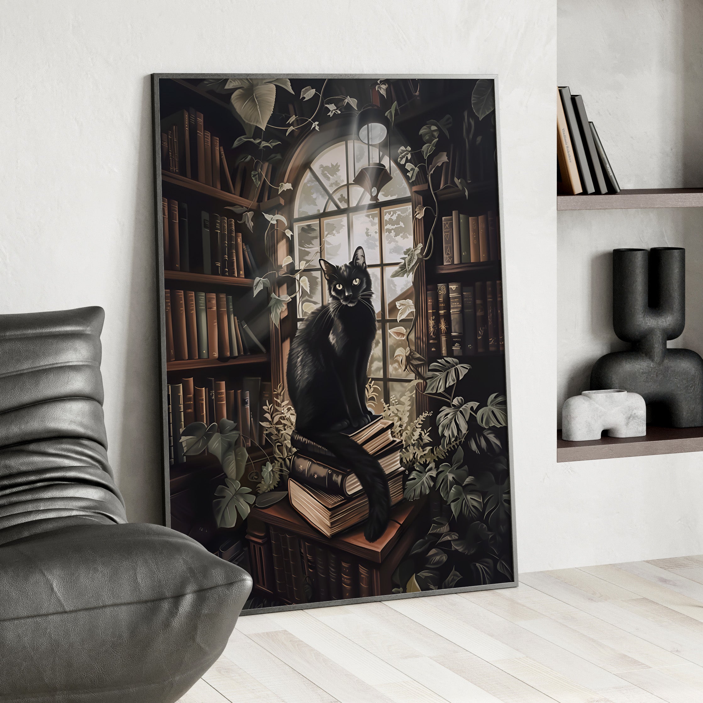 Framed Paper Print - Book Hoarder Feline Gaze
