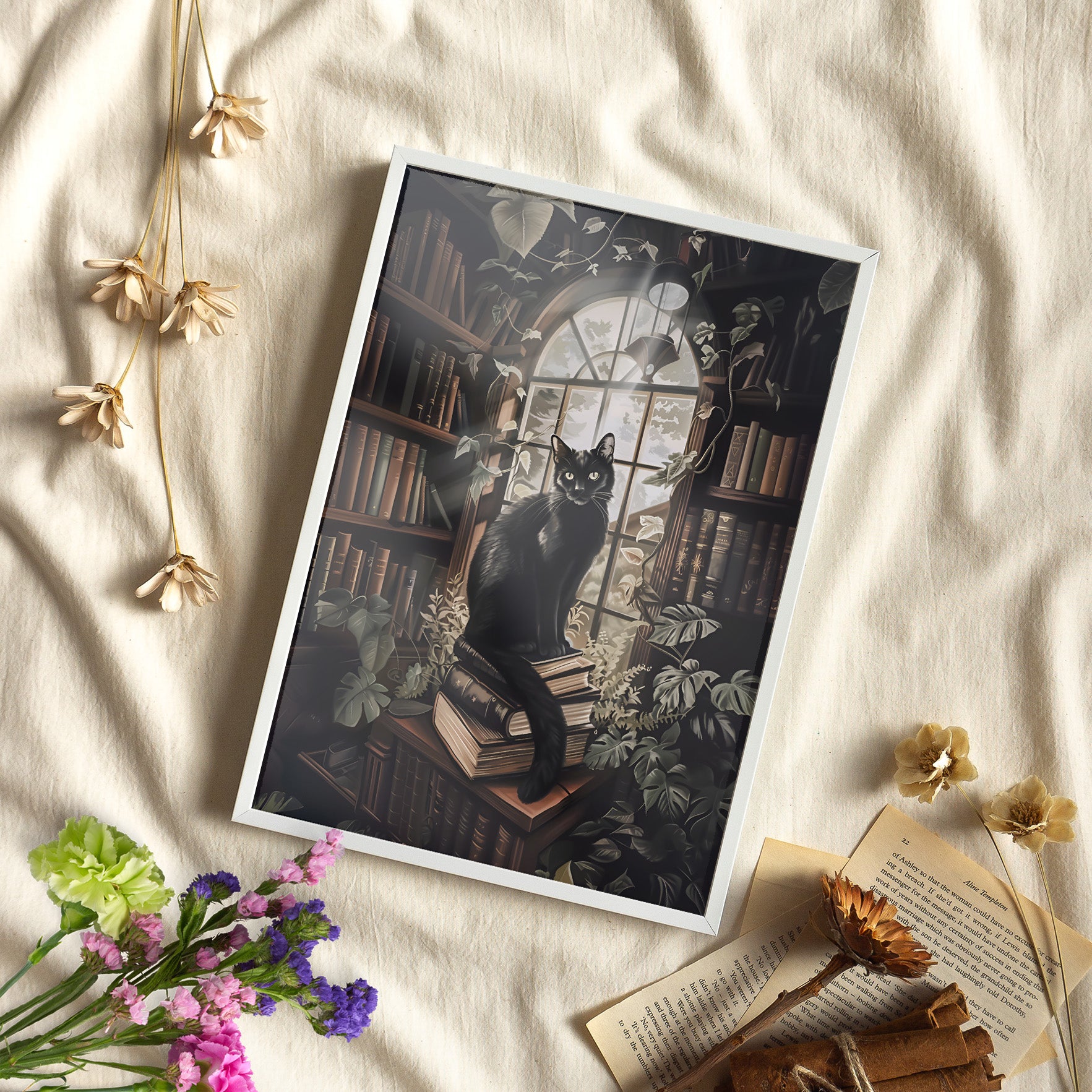 Framed Paper Print - Book Hoarder Feline Gaze