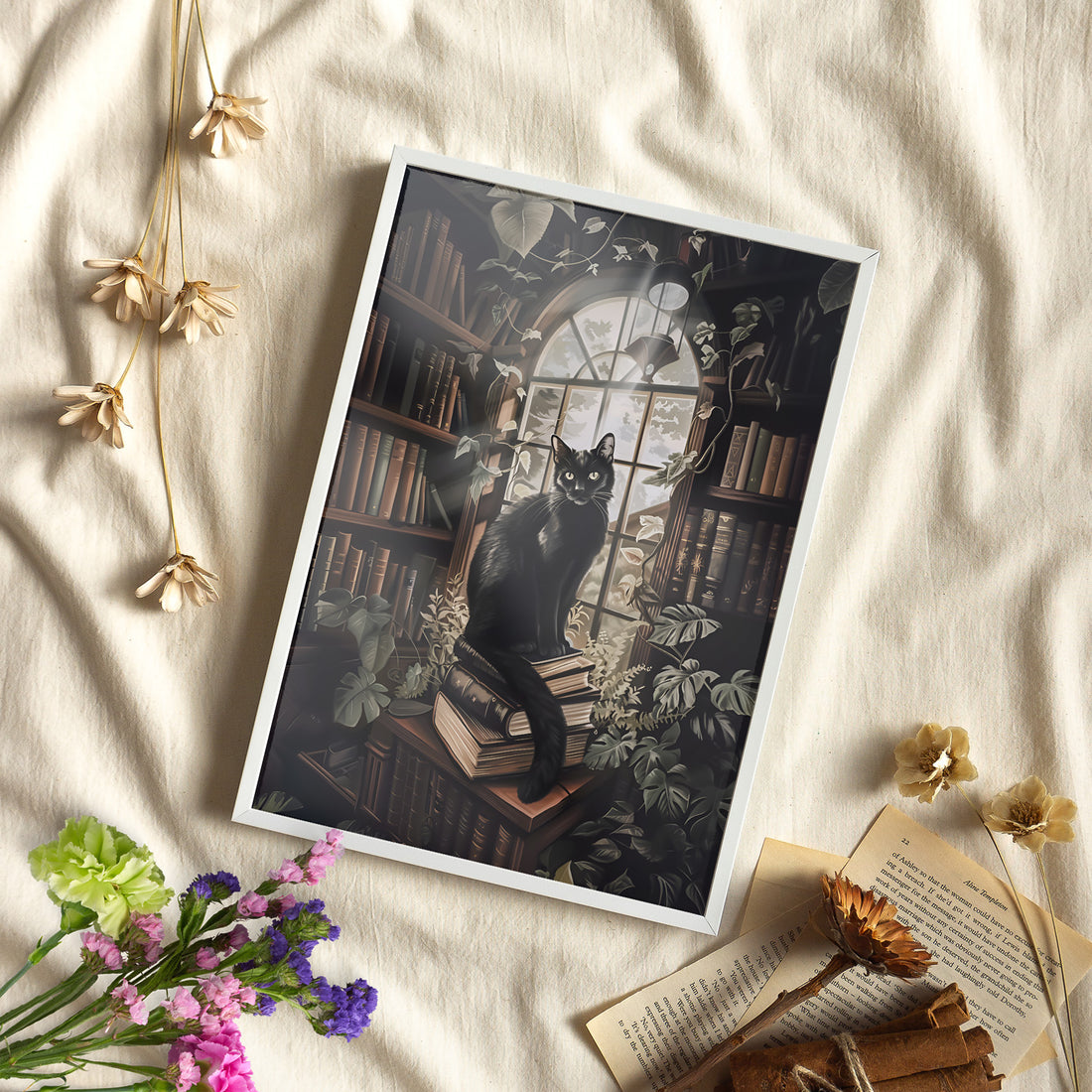 Framed Paper Print - Book Hoarder Feline Gaze