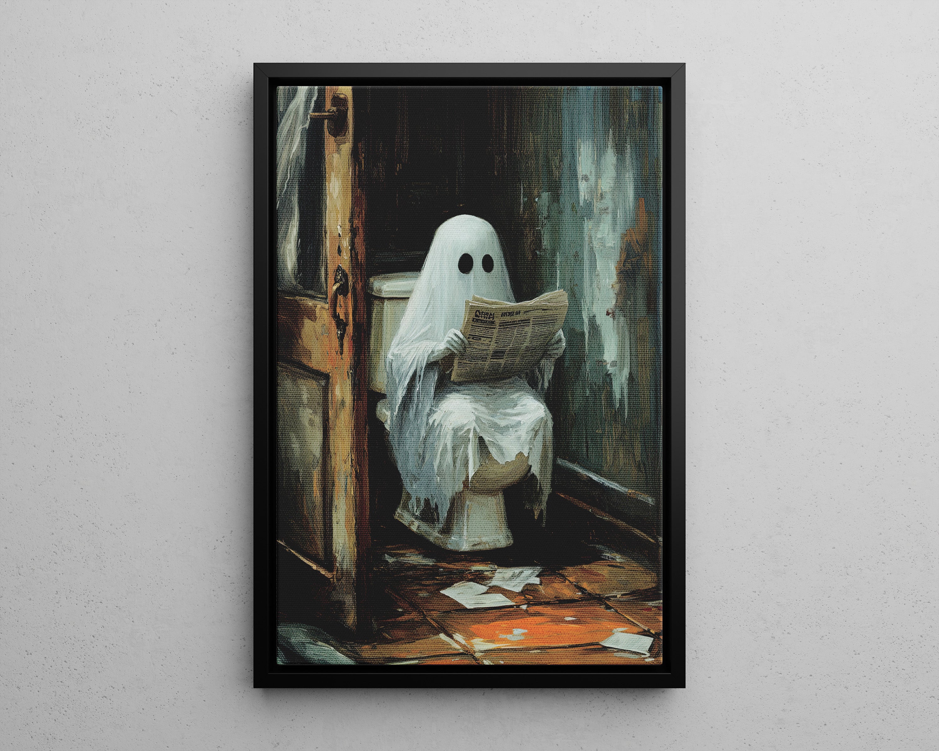 Framed Canvas - Ghostly Bathroom Break