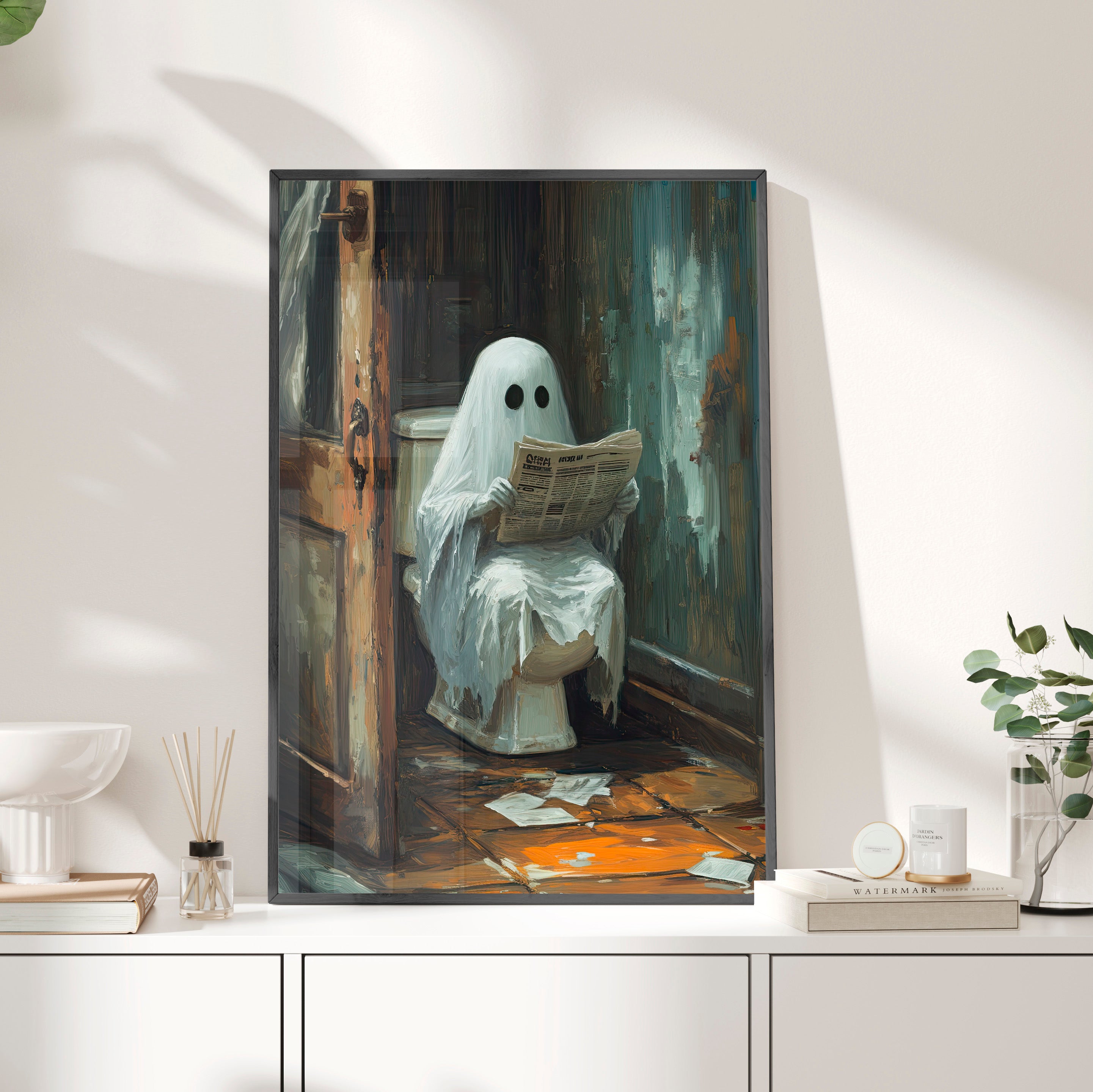 Framed Paper Print - Ghostly Bathroom Break